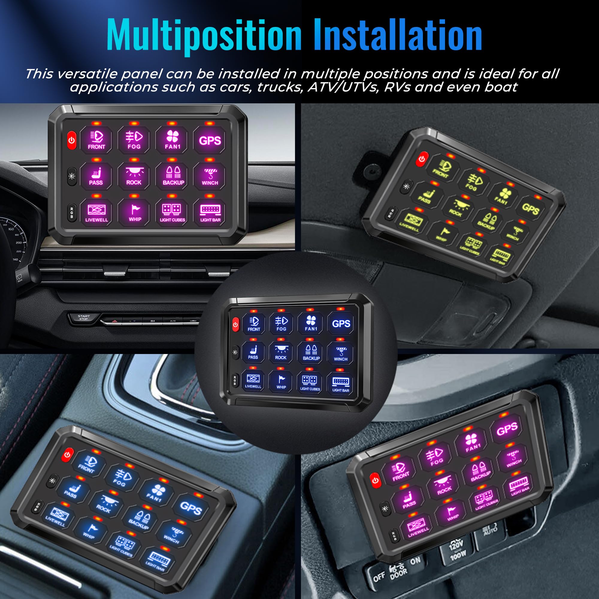 RGB 12-Gang-Schalter-Panel, automatisch dimmbar, Multifunktionsschalter-Panel mit Momentan-Kipp-Impulsspeicher, Aluminium-Schalter-Panel für LKW, Boot, Auto, Wohnmobil,