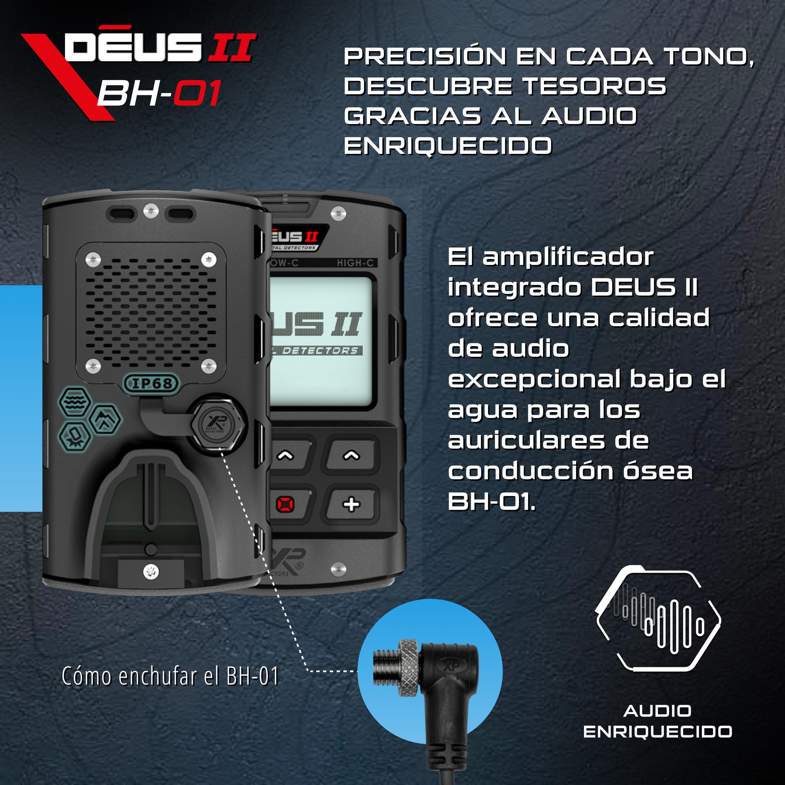 XP METAL DETECTORS BH-01, casco de conducción ósea con cable, diseñado para Le Deus II - Casco impermeable para detección de metales submarinos de hasta 20 m - certificado IP68