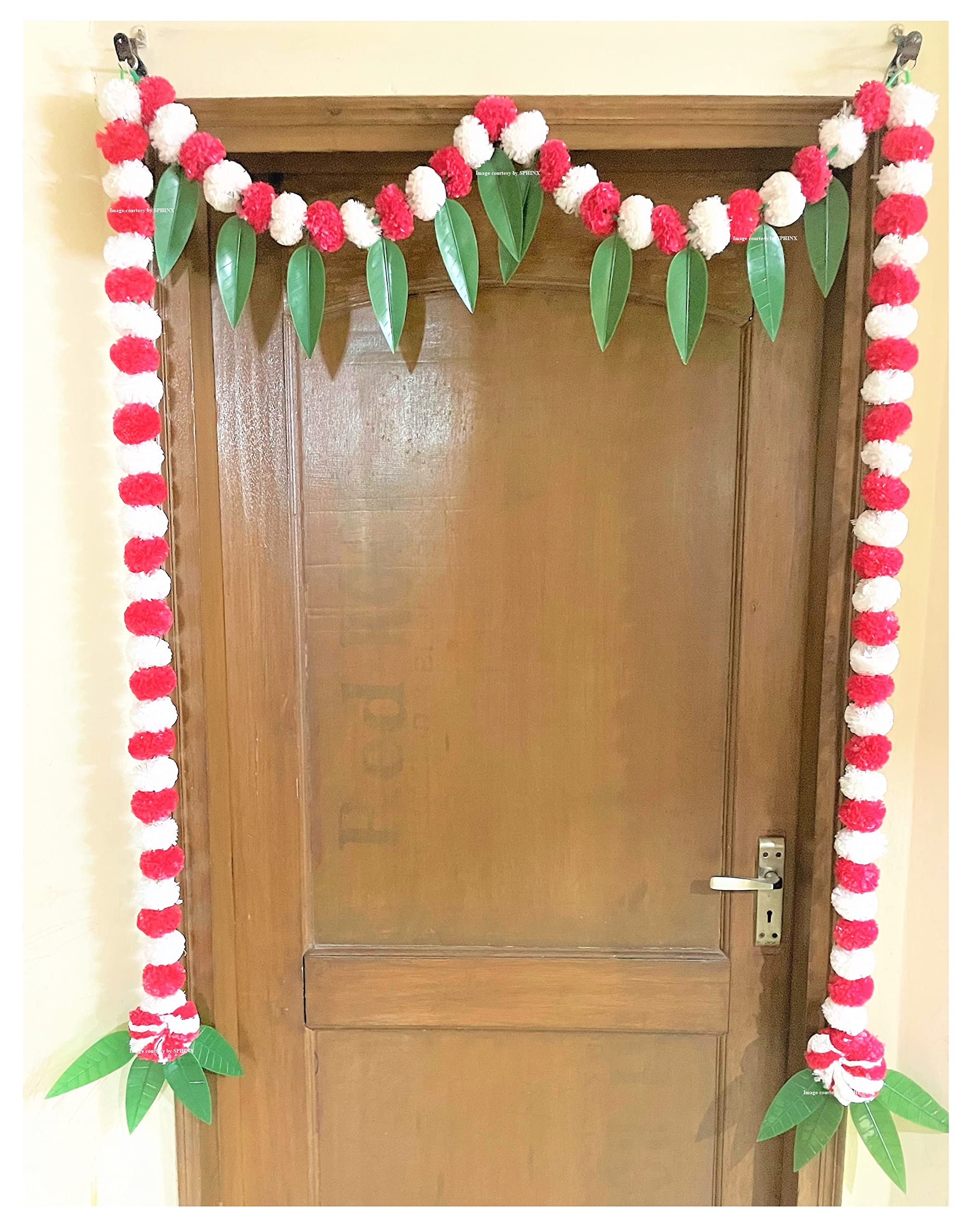 Sphinx artificial fluffy marigold and mango leaves toran for door entrance decoration ( approx.100 x 152 cms)- (SM, White & Red)