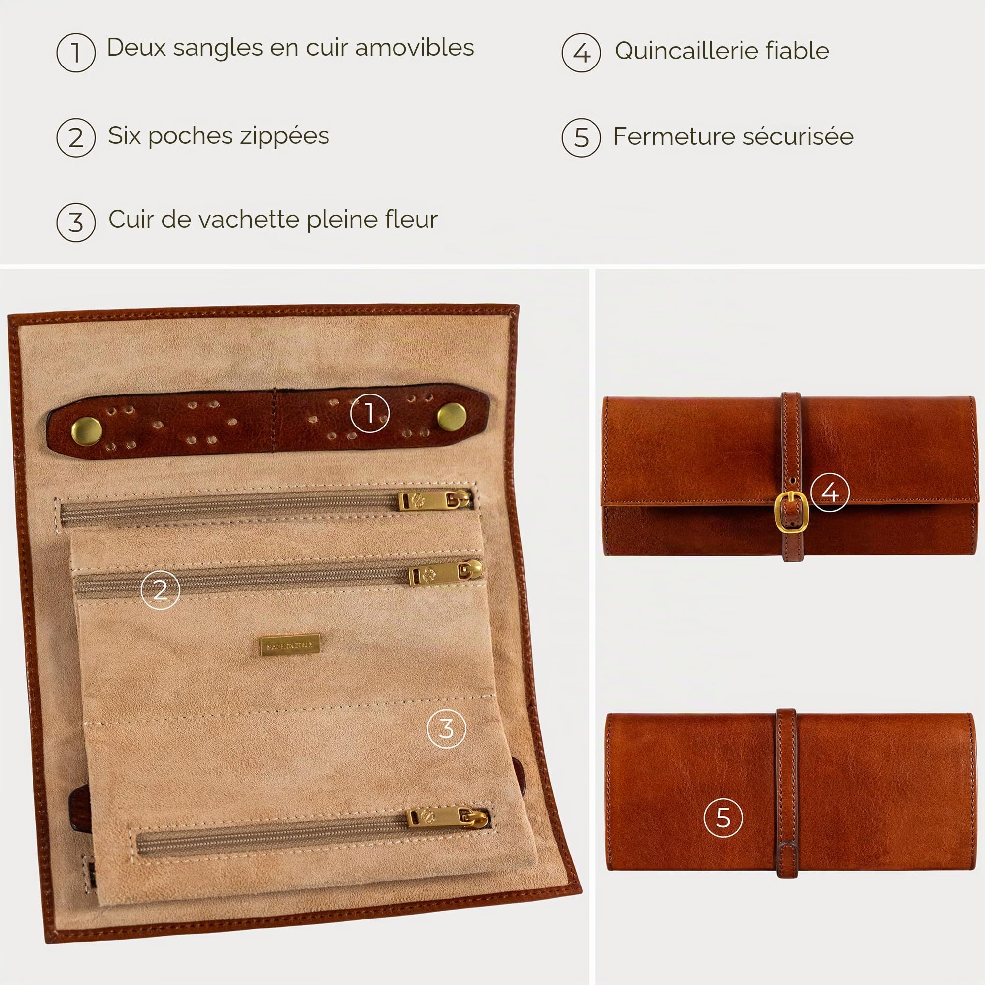 Time Resistance Rouleau de bijoux en cuir - Étui à bijoux de voyage en cuir pleine fleur - Organisateur de bijoux fabriqué en Italie (Marron Cognac)