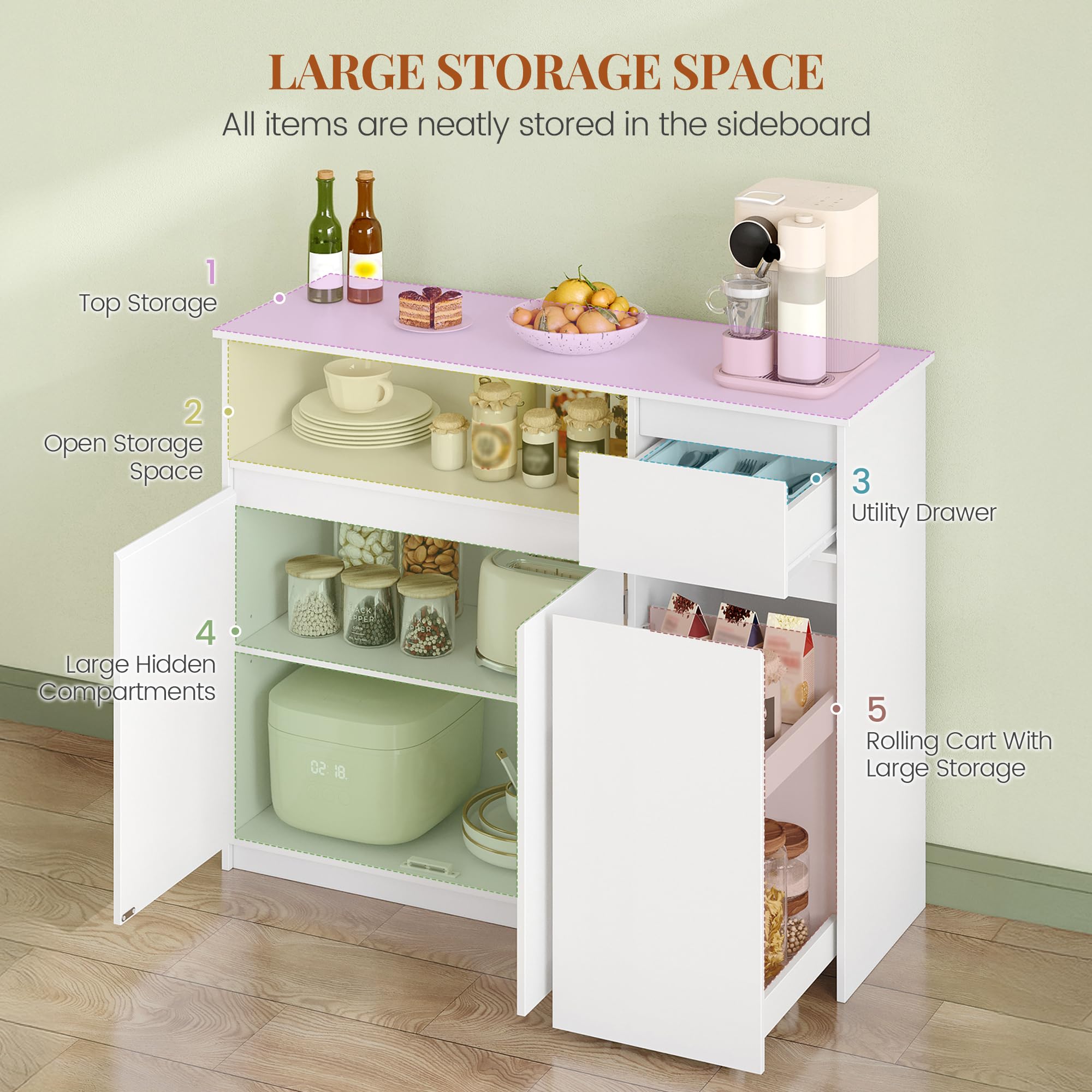 HEXCELEN Sideboard, Küchenschrank, Aufbewahrungsschrank mit Rollwagen, Schubladen und Verstellbaren Einlegeböden für Esszimmer, Küche und Wohnzimmer, Modern, 35 x 100 x 80 cm, Weiß