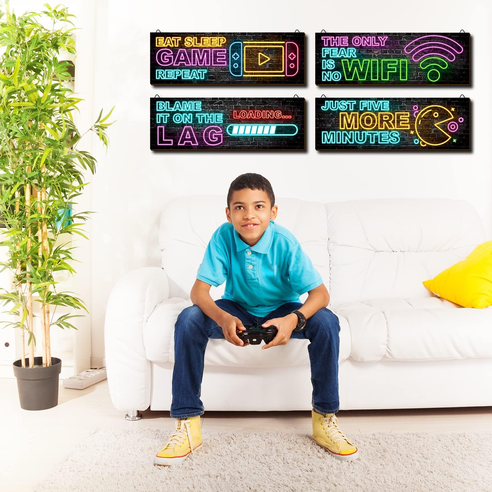 clothmile 4 Stück Neon-Gaming-Dekoration für Jungenzimmer, Holz-Videospiel, Wandkunst, motivierendes Zitat, Gamer, inspirierende Wanddekoration für Jungen, Kinderzimmer, Spielzimmer, Dekorationen (b)
