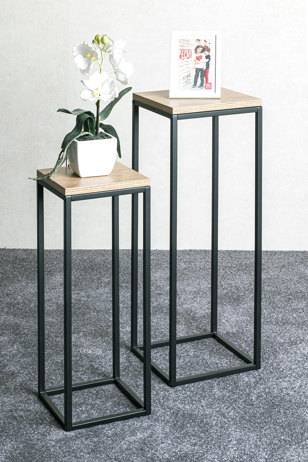 HAKU Lot de 2 Porte Plantes chêne Naturel, Noir, MDF, Métal - Dim.: L 19/23 x H 54/67 x P 19/23 cm, Style: Moderne