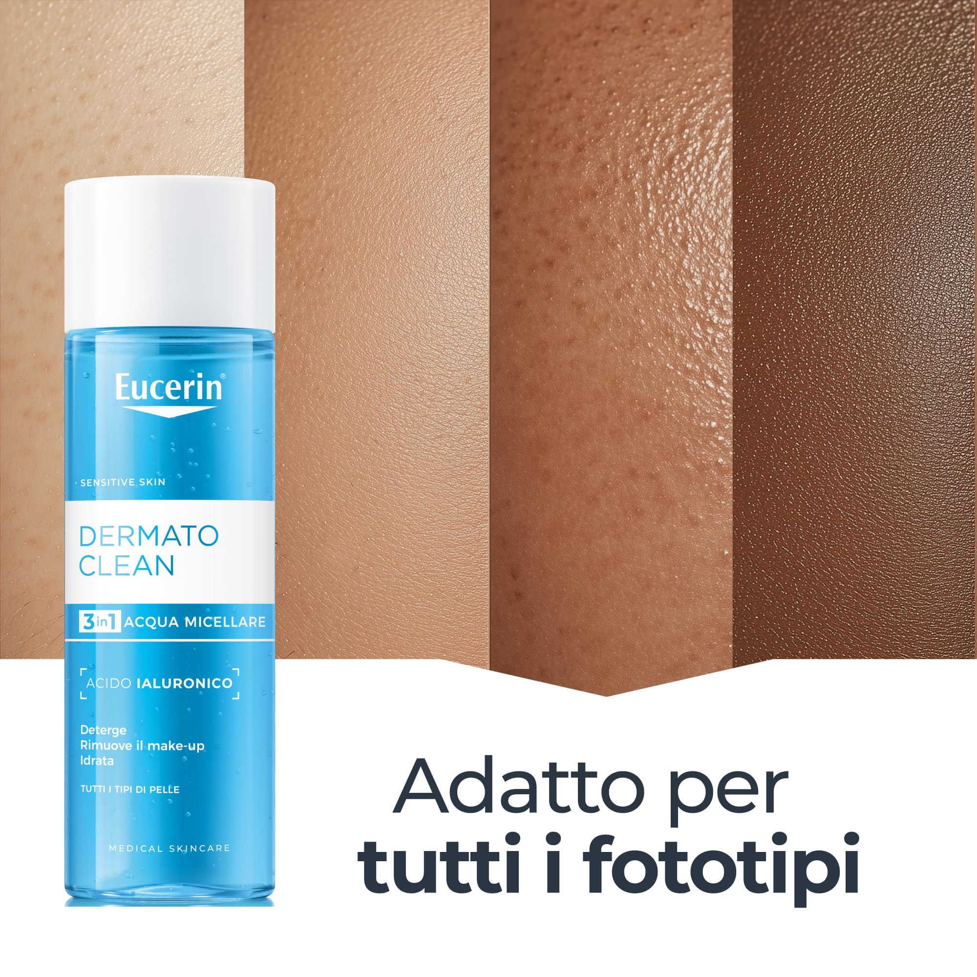 Eucerin DermatoClean Acqua Micellare 3in1 200 ml, Detergente viso struccante viso e occhi per make-up waterproof, Con Acido Ialuronico, Senza profumo, Per tutti i tipi di pelle, anche sensibile