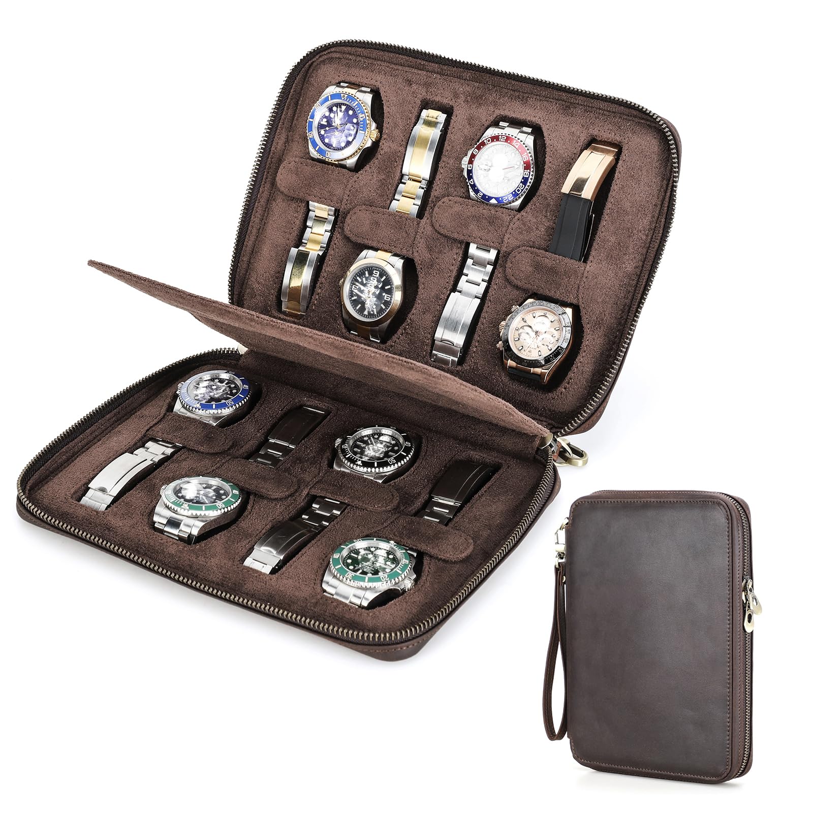 CONTACTS Herren-Armbanduhr, echtes Leder, mit Reißverschluss, schmale Box, minimalistische Vintage-Uhr, Handtasche, Clutch mit Befestigungsriemen (Kaffeebraun - 8 Fächer)
