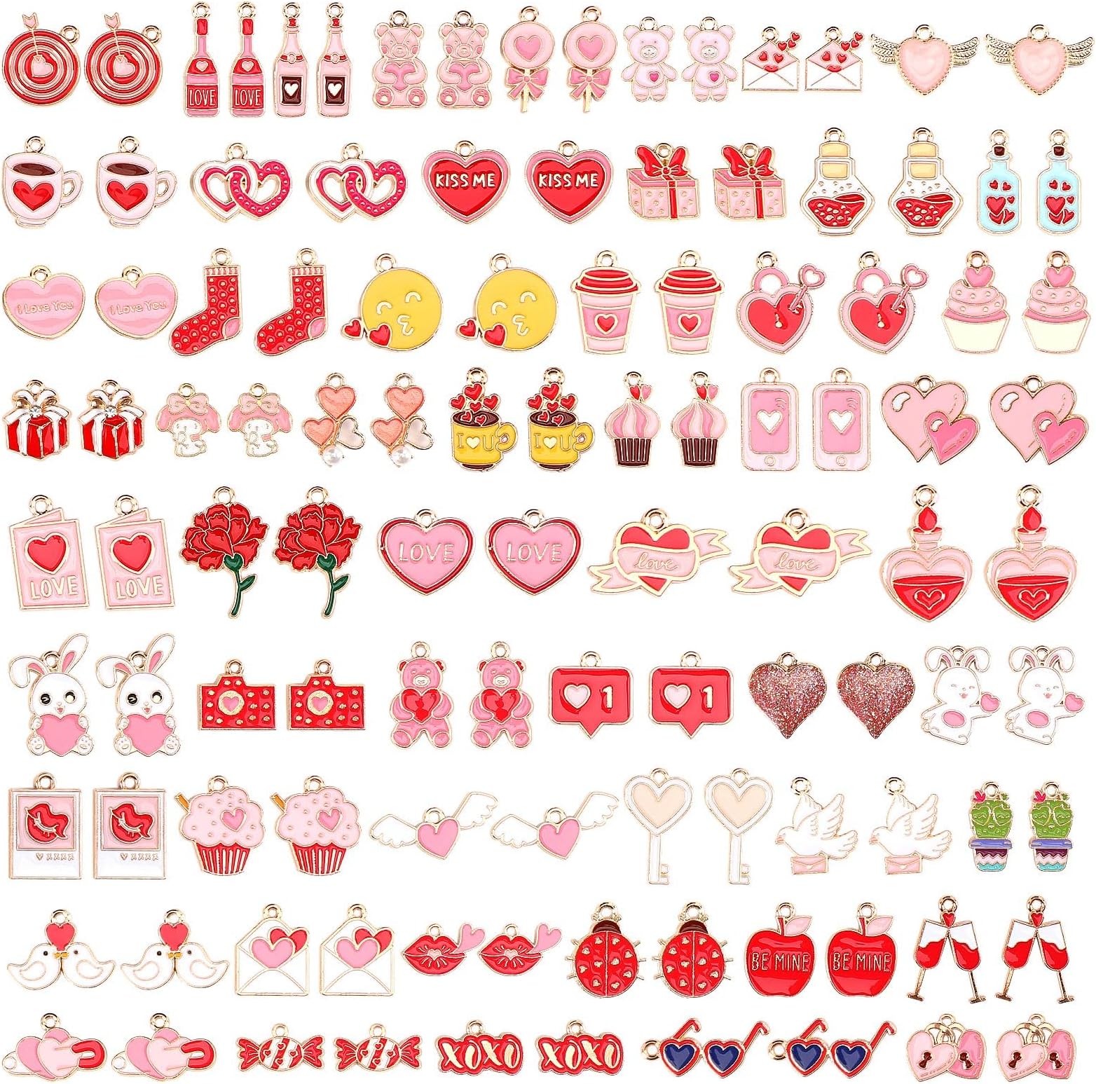 SANNIX 110pcs 55 Pairs Valentine's Day Charms Gold Enamel Heart Charms for Jewelry Making Women Girls Day DIY Keychains Bracelets Necklace Earring Crafts Supplies Valentines Party Favor