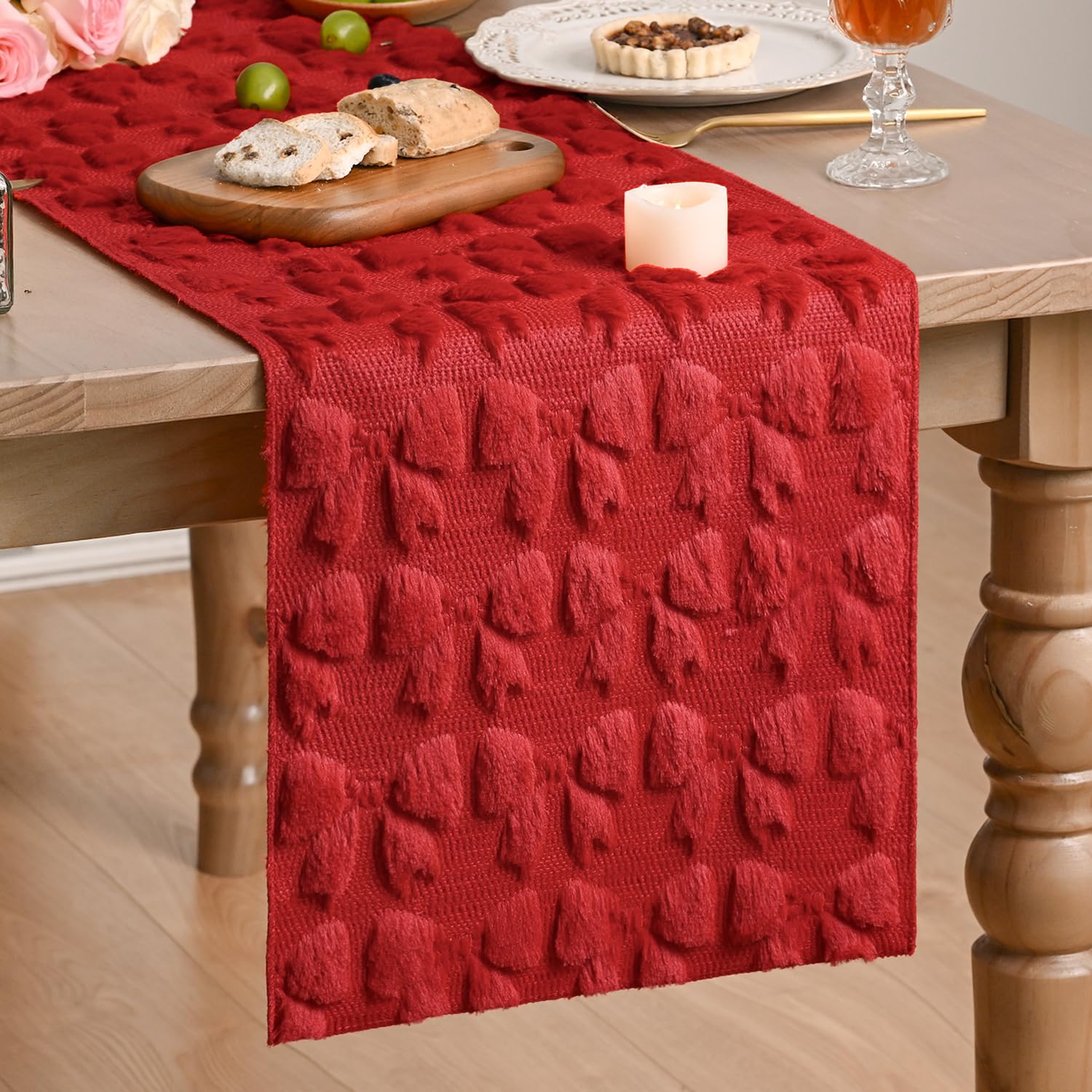 Artoid Mode Soft Plush Faux Fur Red Bow Bowknot Valentine's Day Table Runner, Seasonal Kitchen Dining Table Decoration for Home Party Decor 33x153 cm