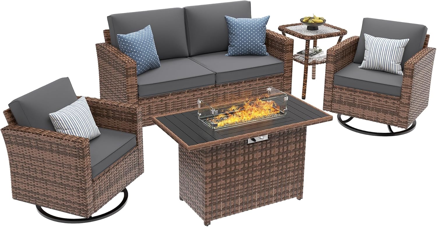 UDPATIO 5-piece patio furniture set with fire pit table on a white background.