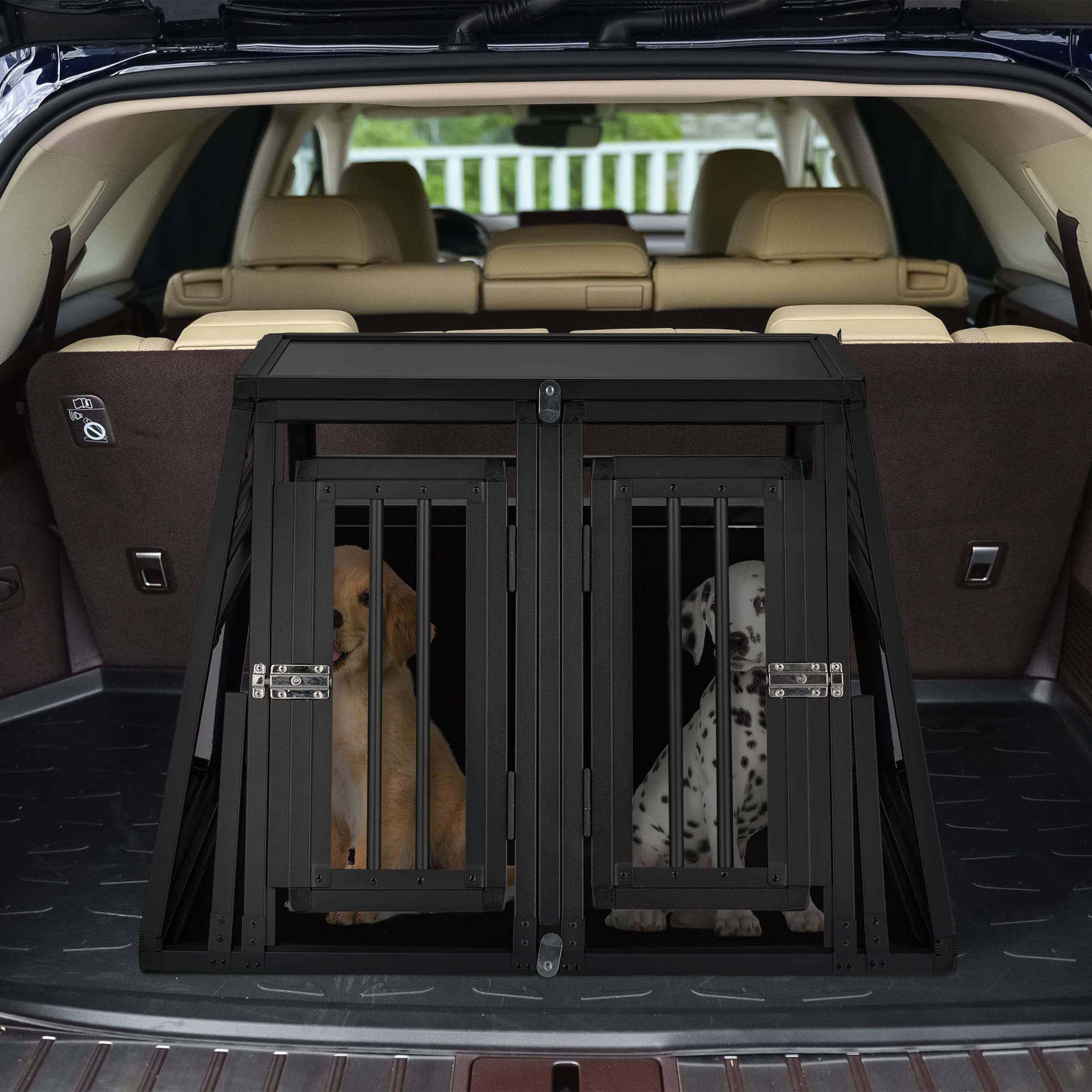 Relaxdays Gabbia per Cani da Automobile, Gabbietta Doppia con Divisorio, Trasportino Bagagliaio, HLP: 64x90x82 cm, Nera