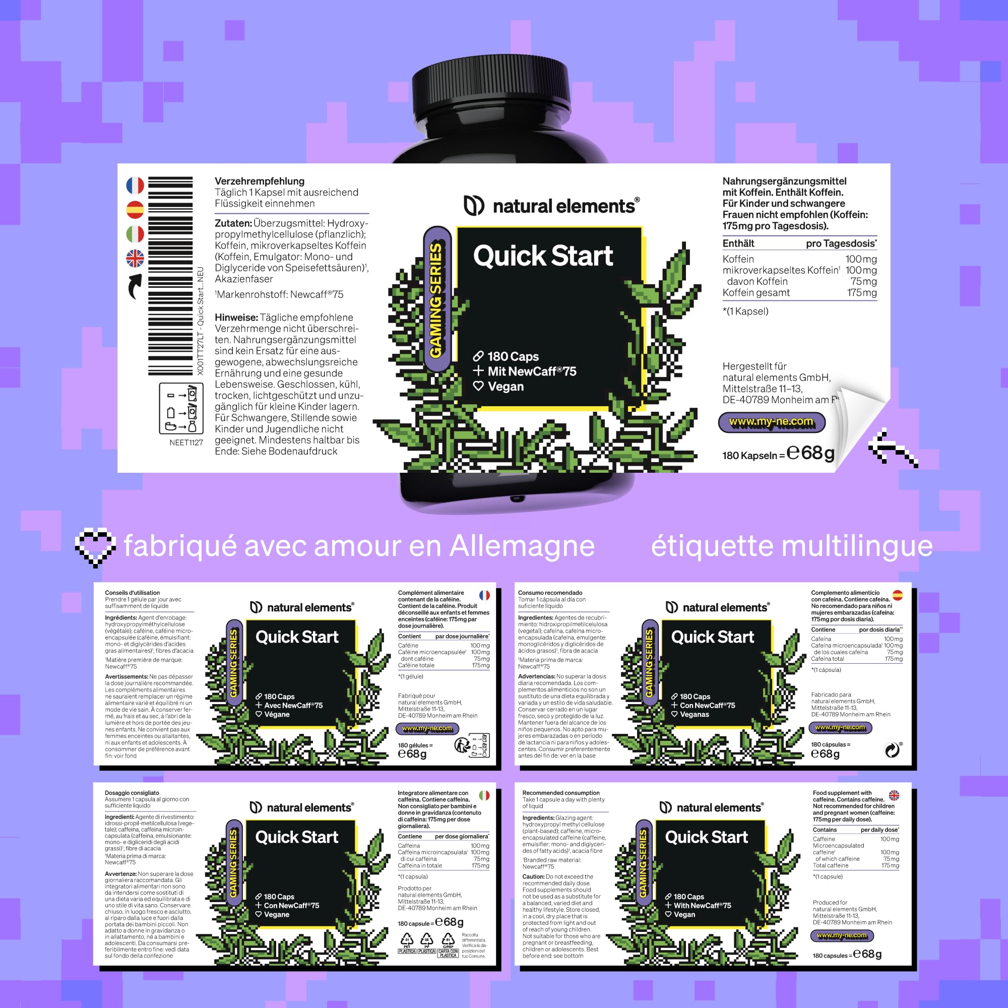 Quick Start – 180 gélules – pour 6 mois – avec caféine (NewCaff®75) – végane, hautement dosé – produit et contrôlé en laboratoire en Allemagne