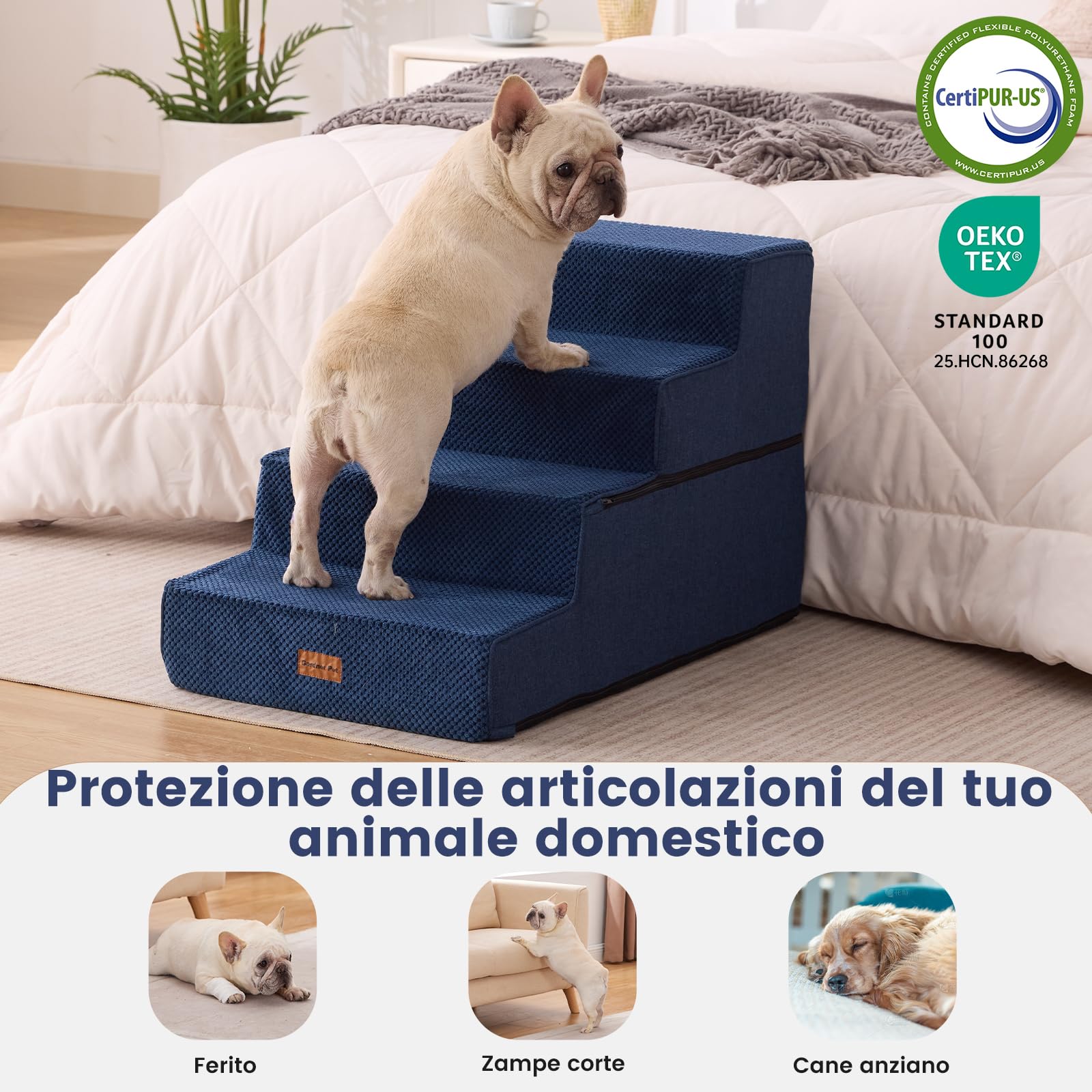 Gardner Pet Scala per Cani Piccola, Scala per Animali Domestici a 4 Gradini, Rampe in Schiuma ad Alta Densità con Rivestimento Impermeabile e Antiscivolo, per Letto, Divano, Poltrona e Auto, Blu