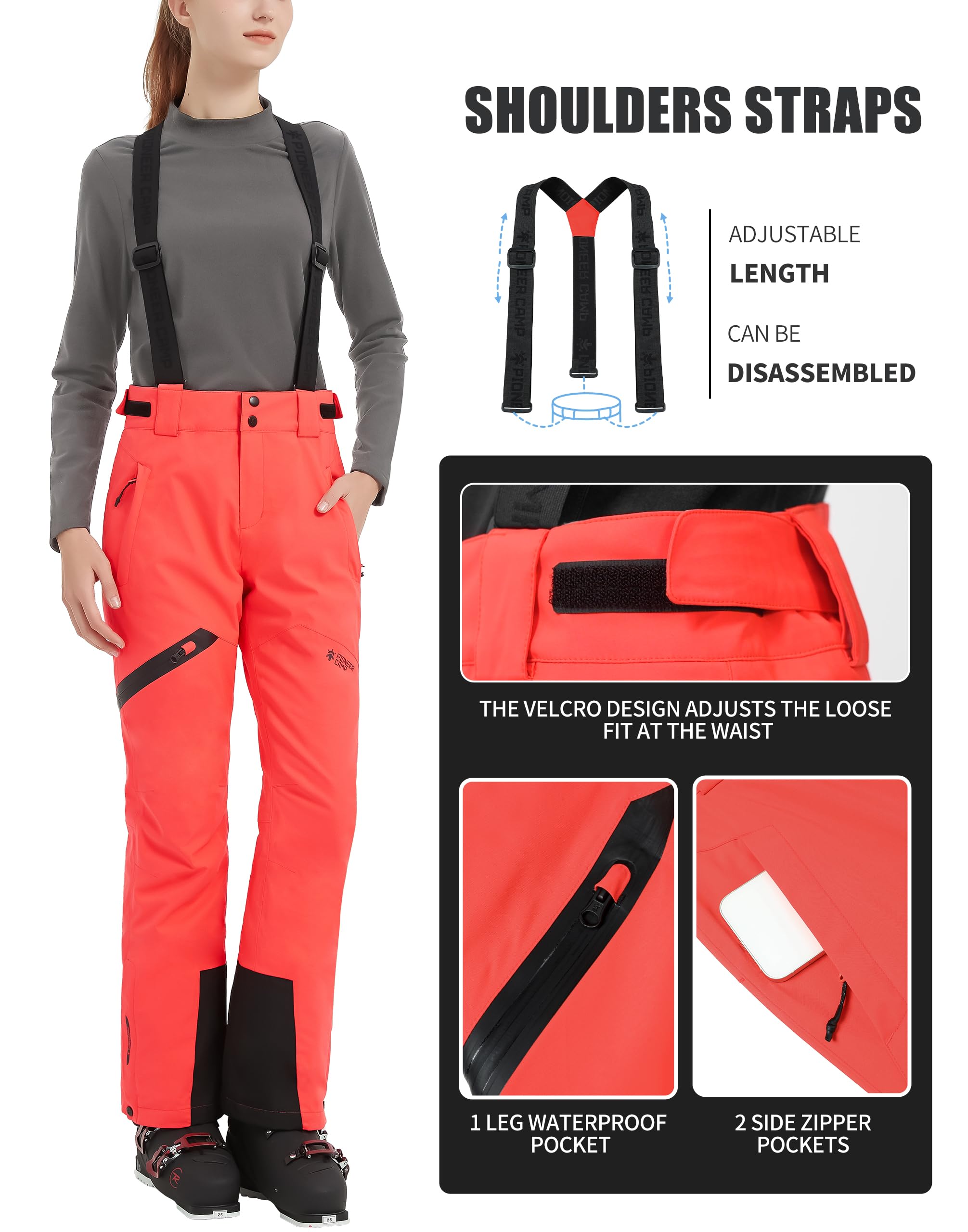 Pioneer Camp Pantaloni da Sci da Donna Cuciture Nastrate Impermeabili Ghette da Neve Integrate Ginocchio Articolato Bretelle Staccabili Regolabili Pantaloni Softshell Invernali da Esterno
