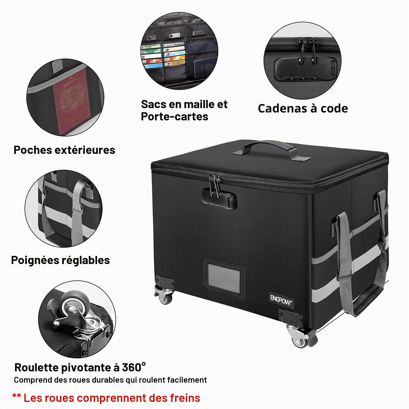 ENGPOW Boîte de rangement pour documents à roulettes ignifuge | boîte de rangement pliable avec couvercle,armoire de classement,le bureau,coffre-fort pour lettres,certificat,contrat