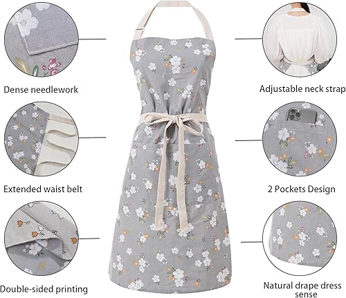 Miniatura 5 de Delantales de cocina para mujer con 2 bolsillos, delantal ajustable vintage de doble cara para jardinería, cocina, arte, pintura