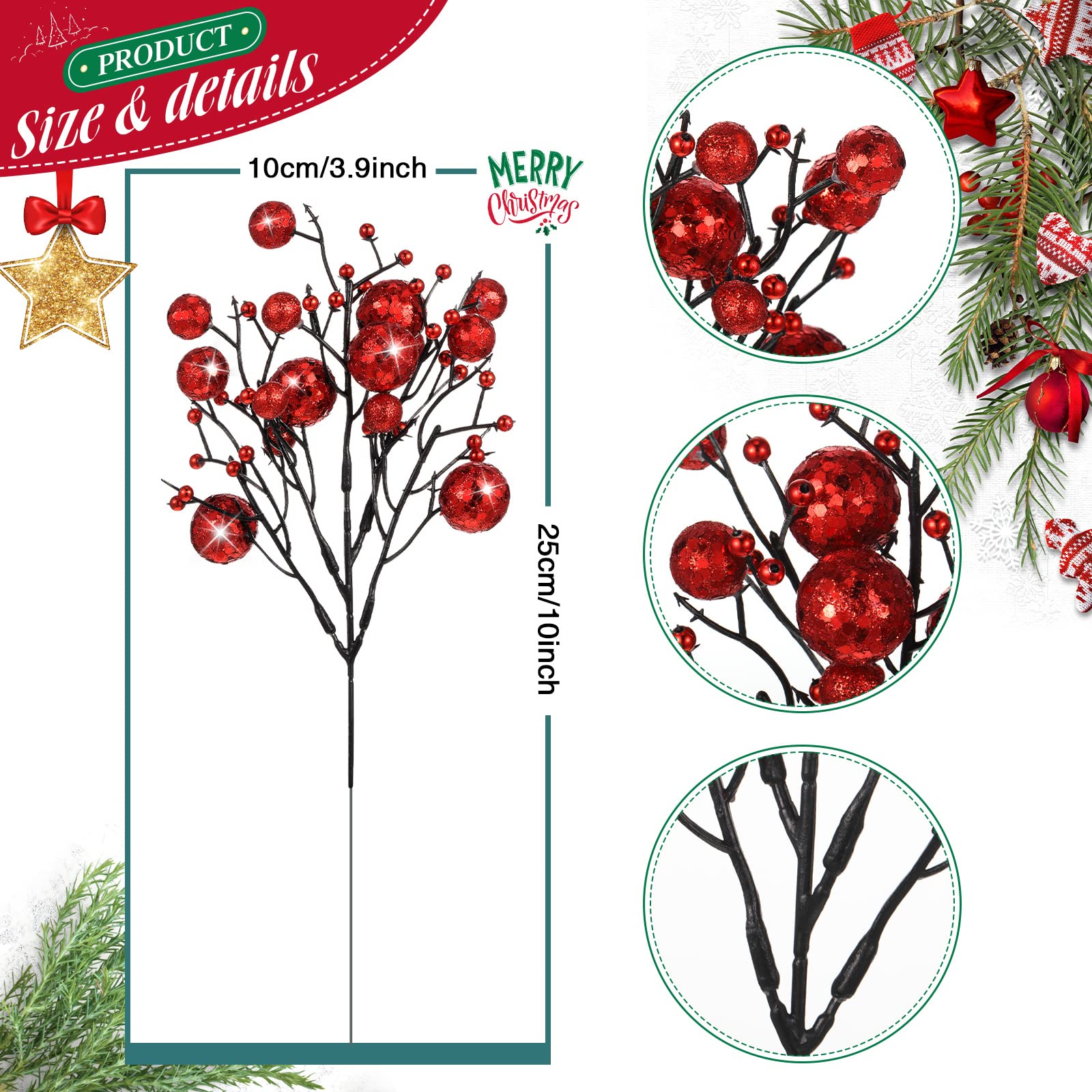 Geosar 24 Stück Weihnachten Glitzernde Beeren Zweige Weihnachten Beeren Picks Künstliche Glitzernde Beeren Ornamente Blumenstiele für Weihnachtsbaum, Haus Kranz, Party Dekoration (Rot)