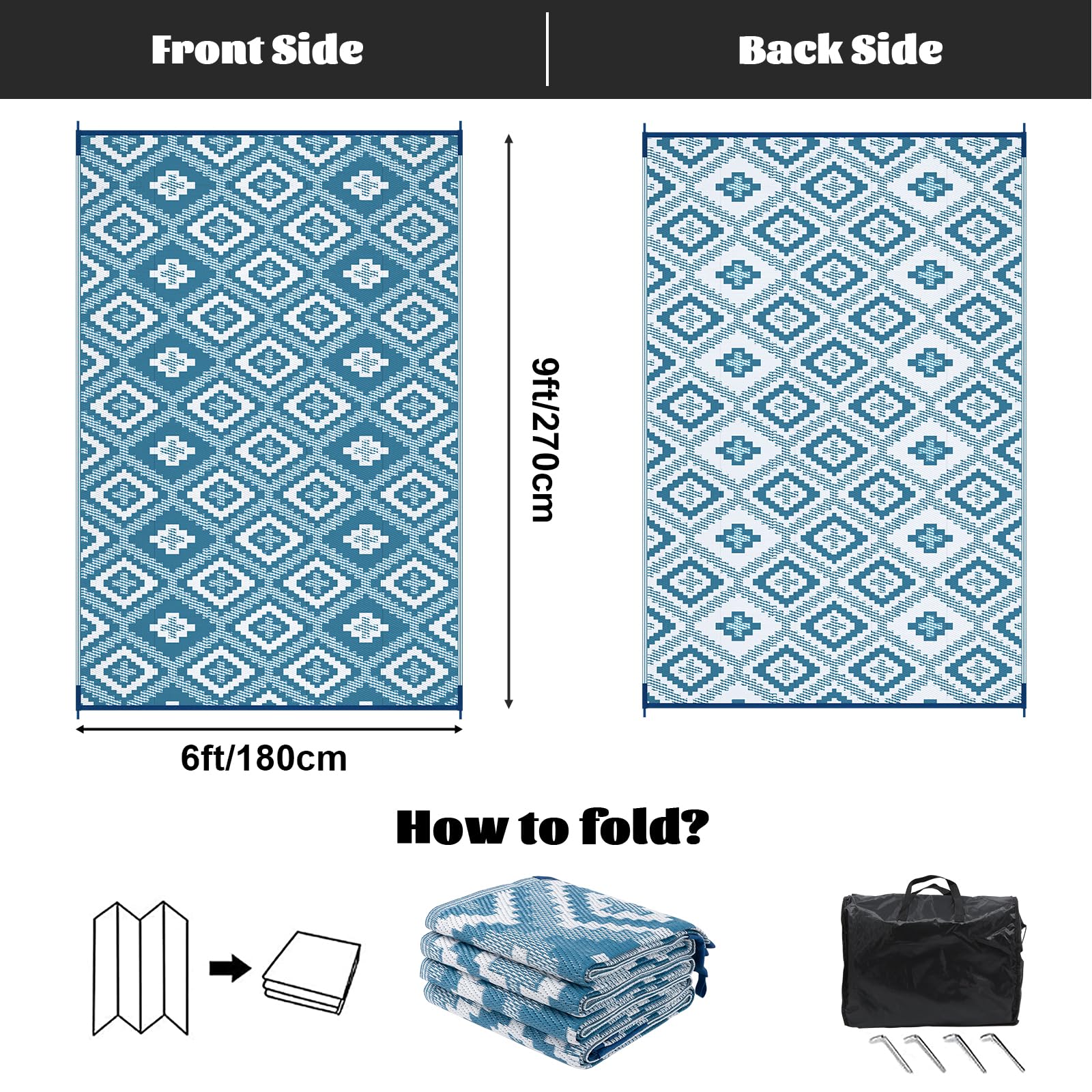 Enyhom Grande tappeto da esterno impermeabile reversibile paglia plastica 180x270 cm blu tortora