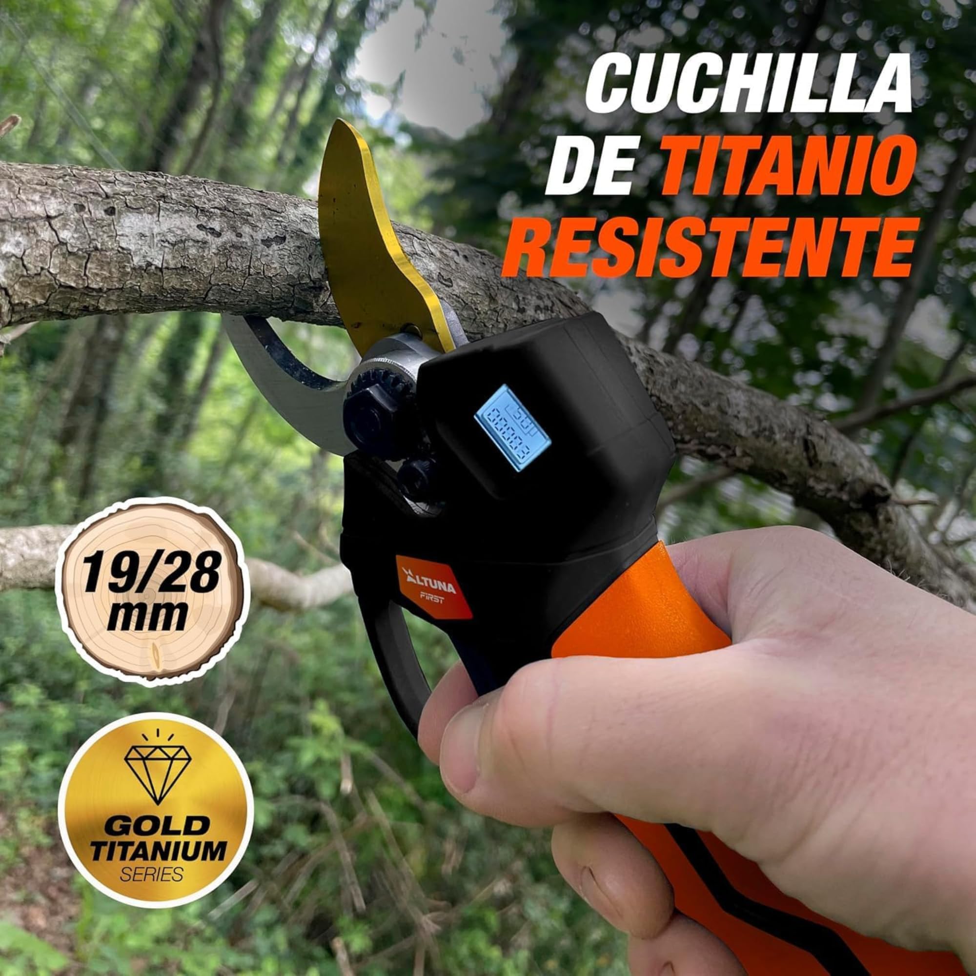 Altuna - Tijeras de Podar a Batería de Titanio - Motor Brushless - Corte 19/28mm - Con Pantalla Display - Incluye 2 Baterías 21V - Empuñadura Bimaterial - Maletín y Accesorios Incluidos - AF28