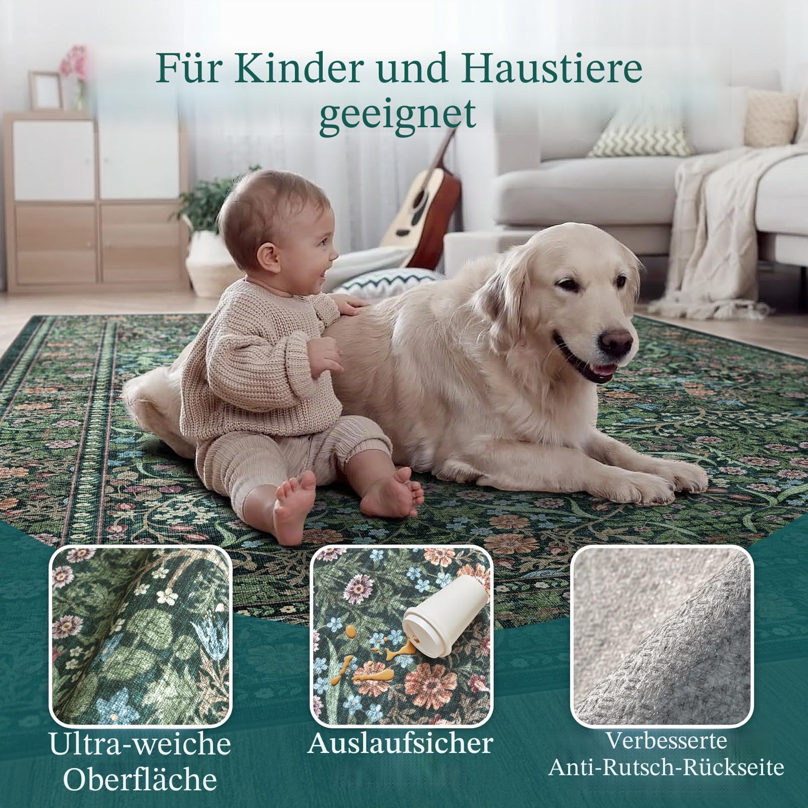 Grüner runder Teppich, weich, waschbar, Boho-Stil, Blumenmuster, rund, Badezimmerteppich, rutschfest, 12,7 x 12,7 cm, Vintage, botanischer Kreis, für Wohnzimmer, Schlafzimmer, Eingangsbereich