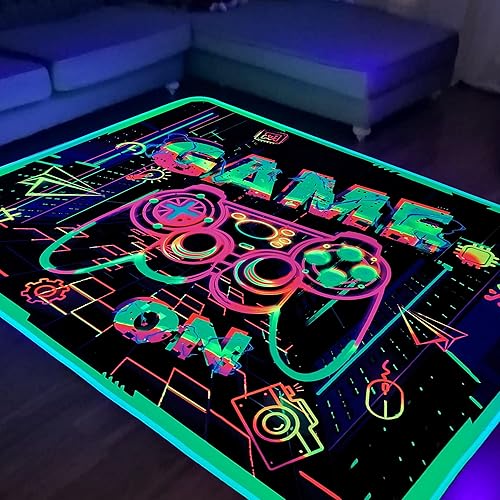KMkicme Alfombra de área de juegos con luz negra para dormitorio, alfombra estampada con rayos UV, reactiva que brilla en la oscuridad, alfombra de