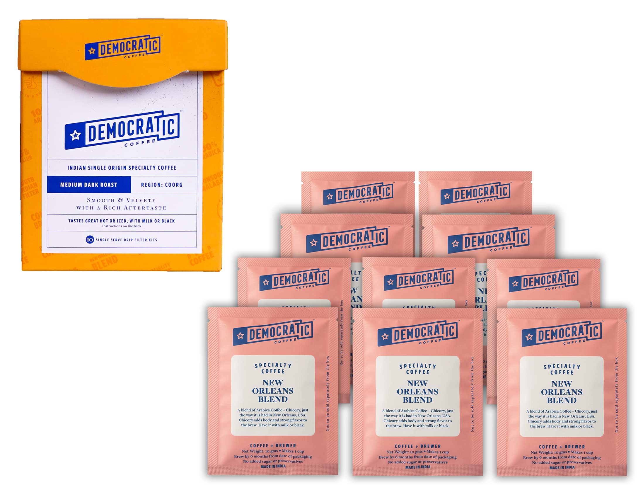 Democratic Coffee New Orleans Blend Pour Over Drip Coffee Bags, Pack of 10 Bag (Makes 10 Cups)| Medium-Dark Roast - 100% Arabica Beans, Fresh & Natural (New Orleans Blend)