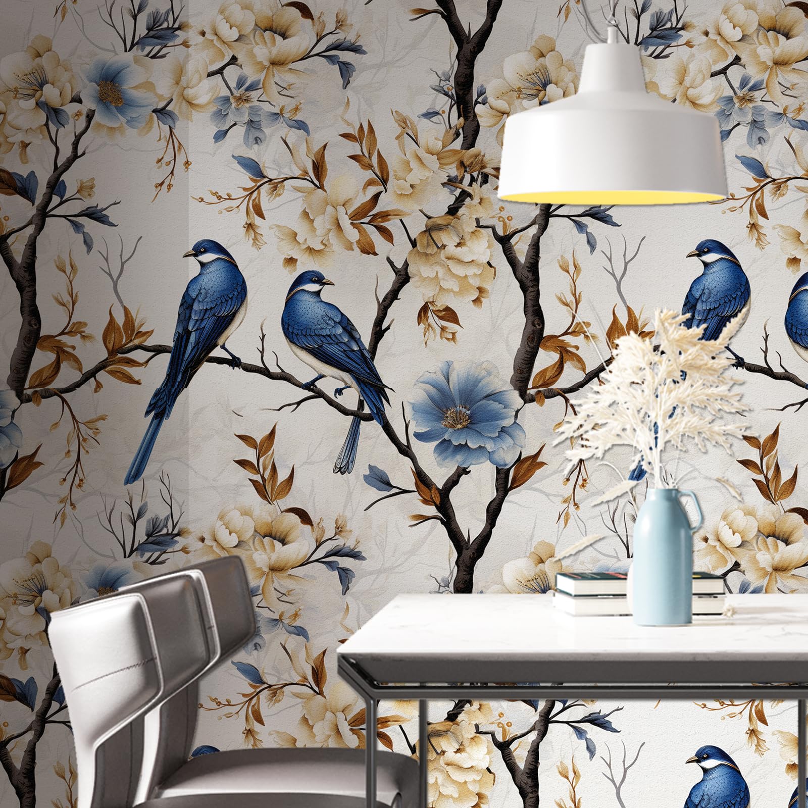 Papel pintado autoadhesivo floral, 44 x 600 cm Papel pintado autoadhesivo de pájaros y flores, papel de pared de despegar y pegar, flores de pájaro azul, hojas, árbol, autoadhesivo, envoltorio de