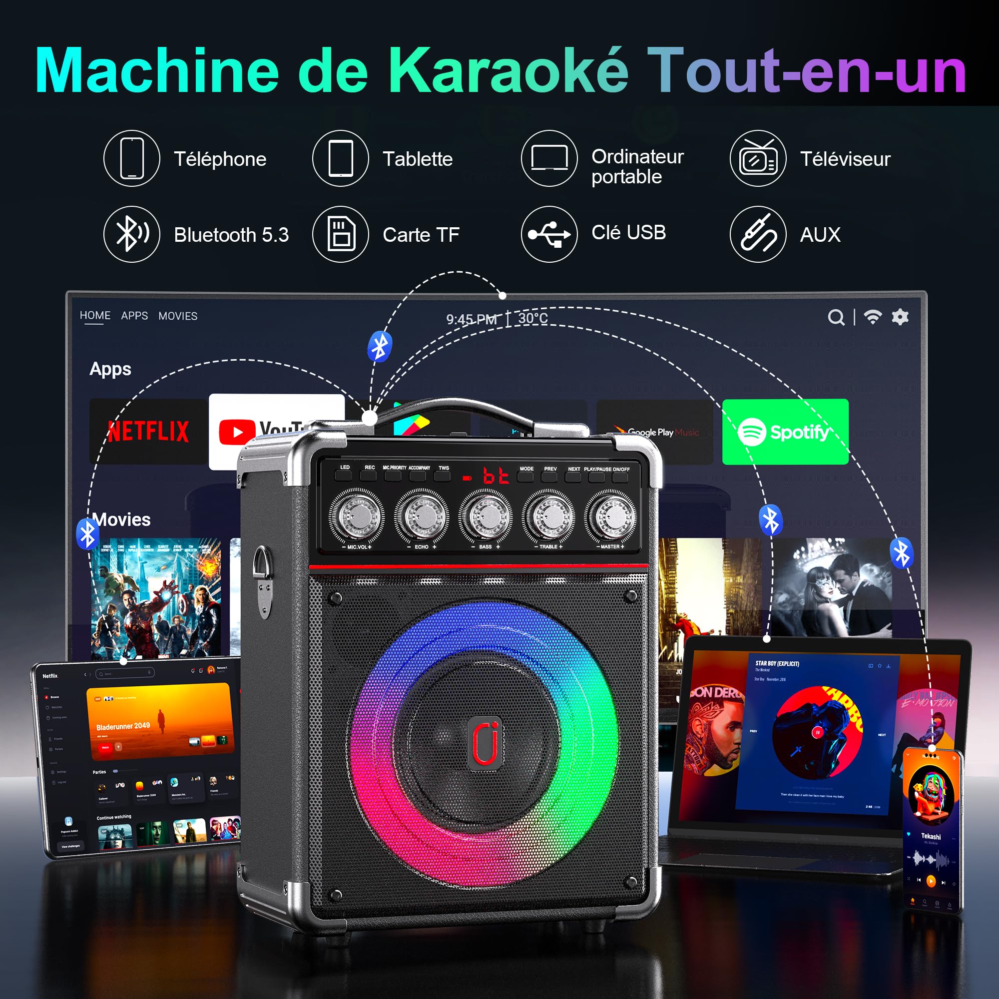 JYX Enceinte Karaoke 2 Micro sans Fil, 100W Puissance Karaoké Professionnel, Autonomie 24h, Processeur DSP Bicœur Karaoke Adulte et Enfant, Réglage Basse/aigu, Compatible TF/USB/AUX/TWS