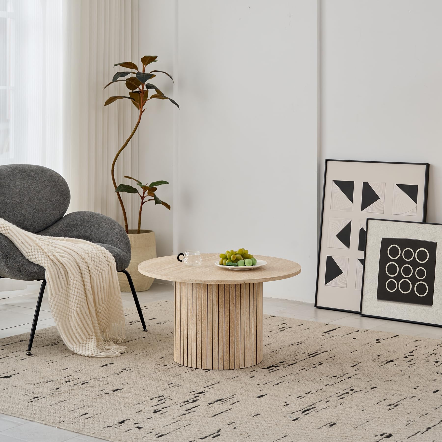 2er-Set runder Couchtische, Modernes Geriffeltes Trommel-Couchtisch-Set für Wohnzimmer, Schlafzimmer, Balkon und Büro (Travertin-Maserung, Hellgelb)