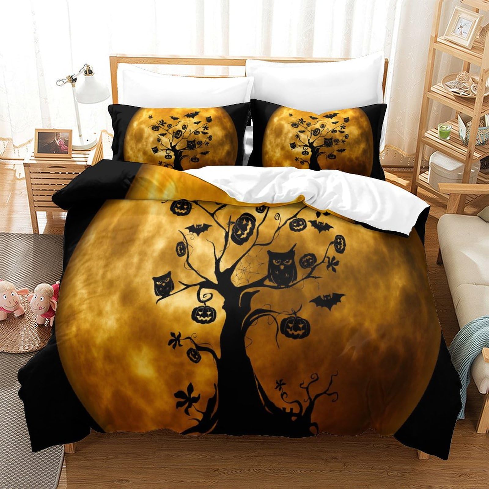 P1S9U7W5Y 3D Printed Moon Tree Owl Duvet Cover Set 3pcs Microfiber Moon Cat Bedding Set King