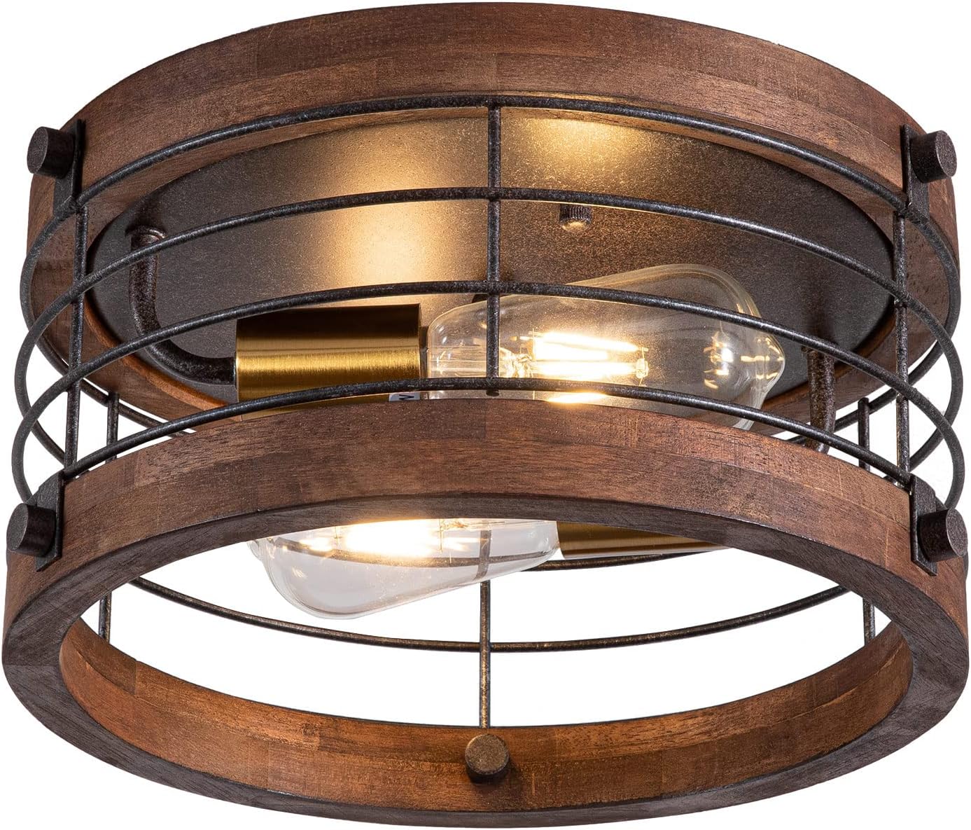Farmhouse Flush Mount Ceiling Light, 12.6 Inch 2-Light Metal and Wood Close to Ceiling Light Fixture, Rustic Drum Semi Ceiling Light for Kitchen, Dining Room, Living Room, Hallway, Entryway