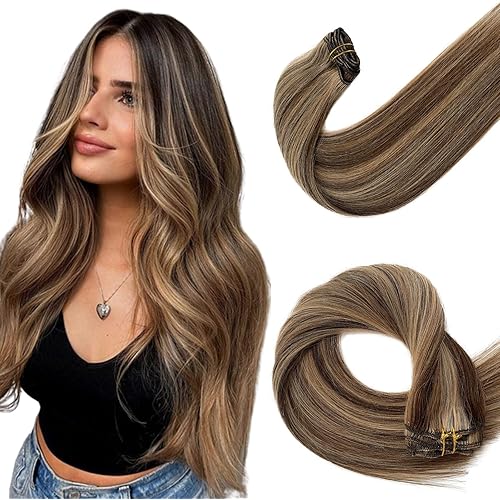 Hair Extensions Clip ins Balayage Blonde Real Hair Extensions Clip in Human Hair 20 Inch Fine Straight Clip in Hair Extensions for Women Brown with Blonde Highlights Remy Human Hair 70grams 7pcs