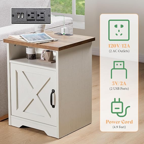 AMERLIFE 5-Piece Farmhouse Table Set Include 63 TV Stand with 26 Fireplace, 40 Coffee Table, 2 End Tables with Charging Station & USB Ports, Living Room Table Sets with Barn Door, Rustic Oak&White