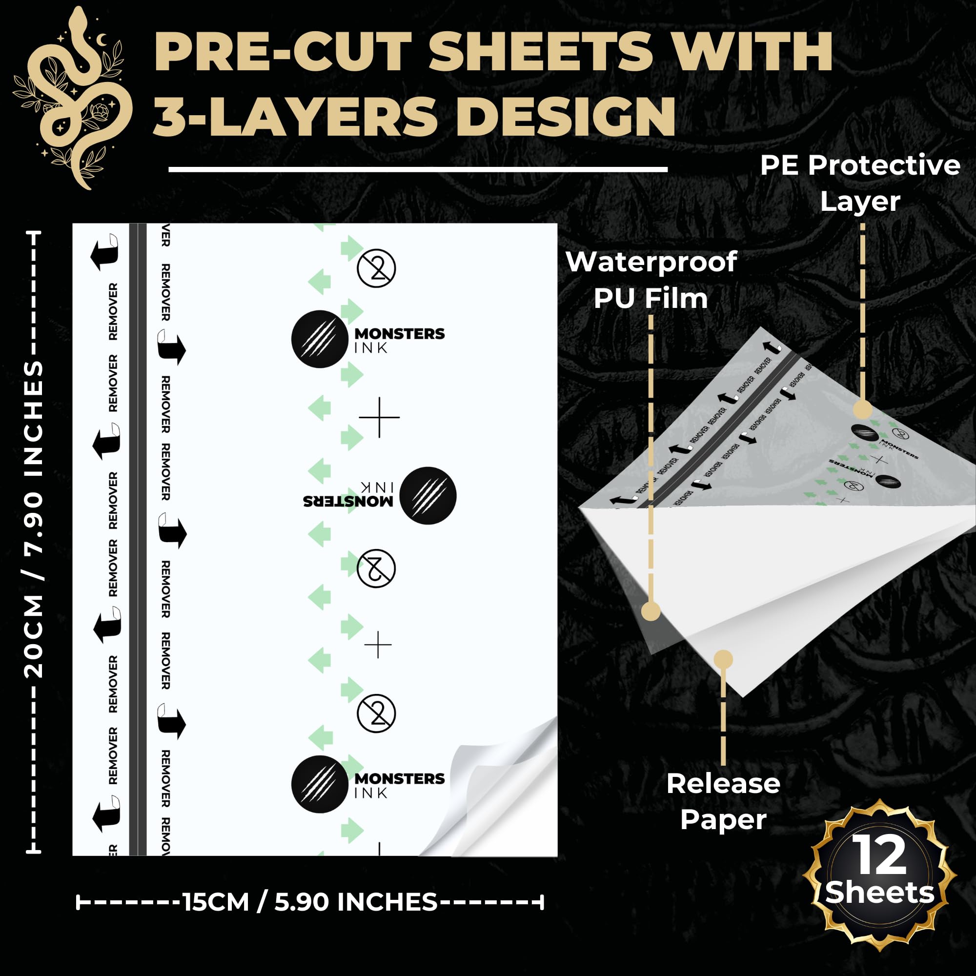 Monsters Ink Snake Skin 12 x Matte Second Skin Tattoo Cover Aftercare Bandage, Tattoo Wrap Film - Image 3
