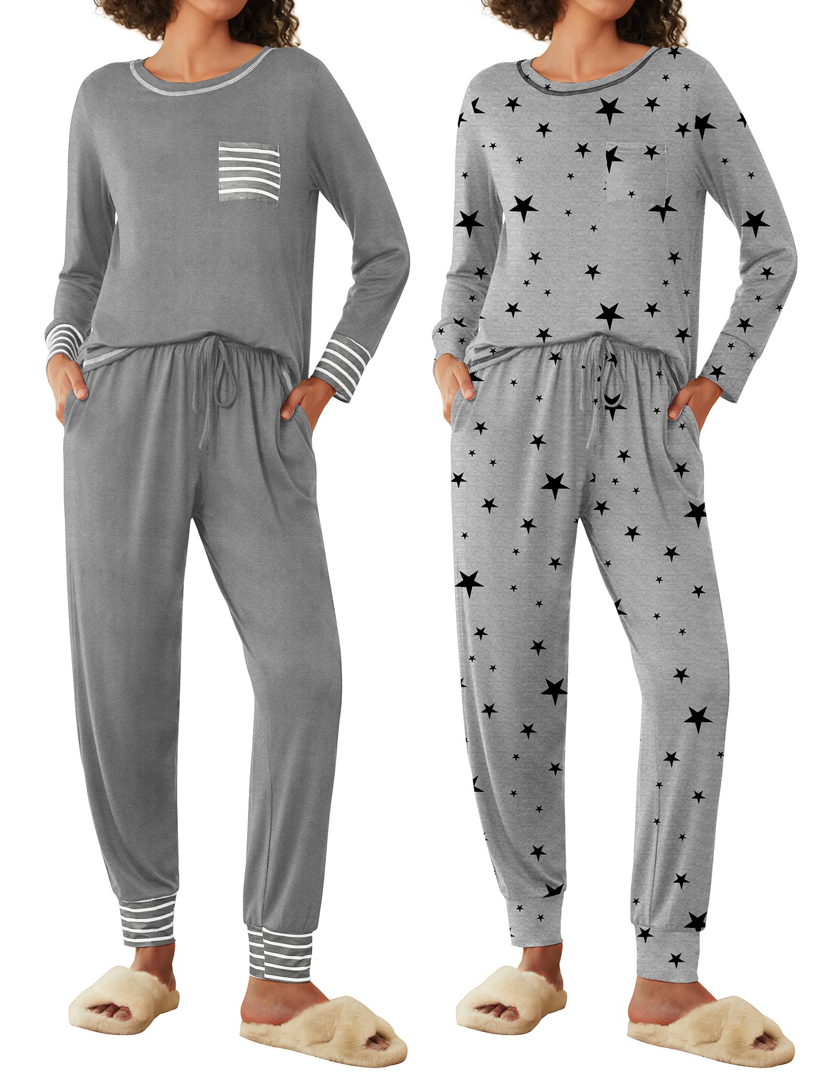 2 Pack Womens Pajama Sets Long Sleeve Lounge Sets Soft Pj Sleepwear Loungewear