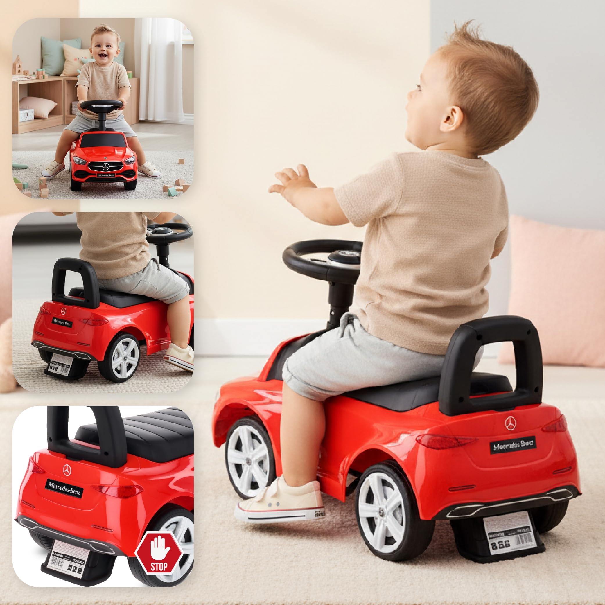 sun baby Macchinina Cavalcabile per Bambini, Macchina a spinta da 12 mesi, volante audio, sedile con schienale, vano portaoggetti sotto il sedile, protezione antiribaltamento (Rosso)
