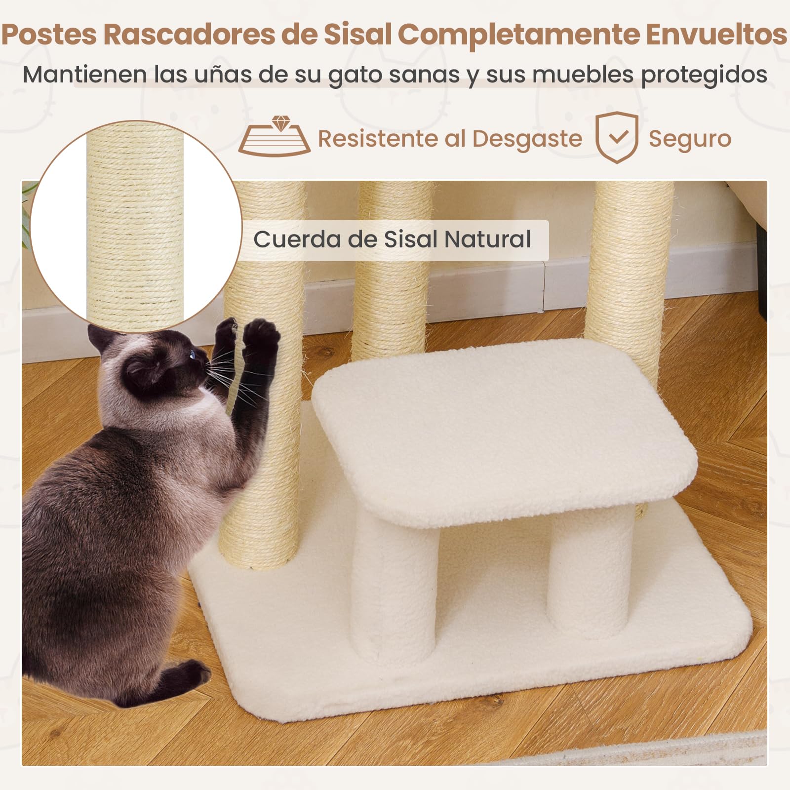 COSTWAY Árbol Rascador para Gatos, 61 cm Torre para Gato con Cómoda Cama y Manta de Peluche, 3 Postes Rascador de Sisal, Plataforma Acolchada, Árbol Gatos Pequeño, Ahorrar Espacio, Blanco