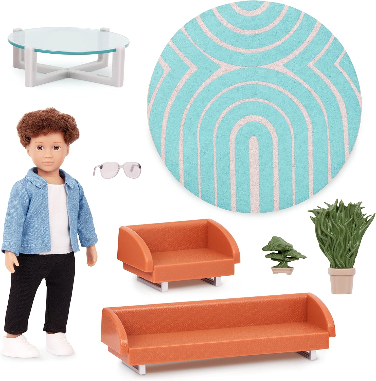 Lori – Mini Boy Doll & Toy Living Room Furniture – 6-Inch Boy Doll & Dollhouse Accessories – Sofa, Armchair, Coffee Table, Rug, Plants – Play Set for Kids – 3+ Years– Miguel's Lounge Set