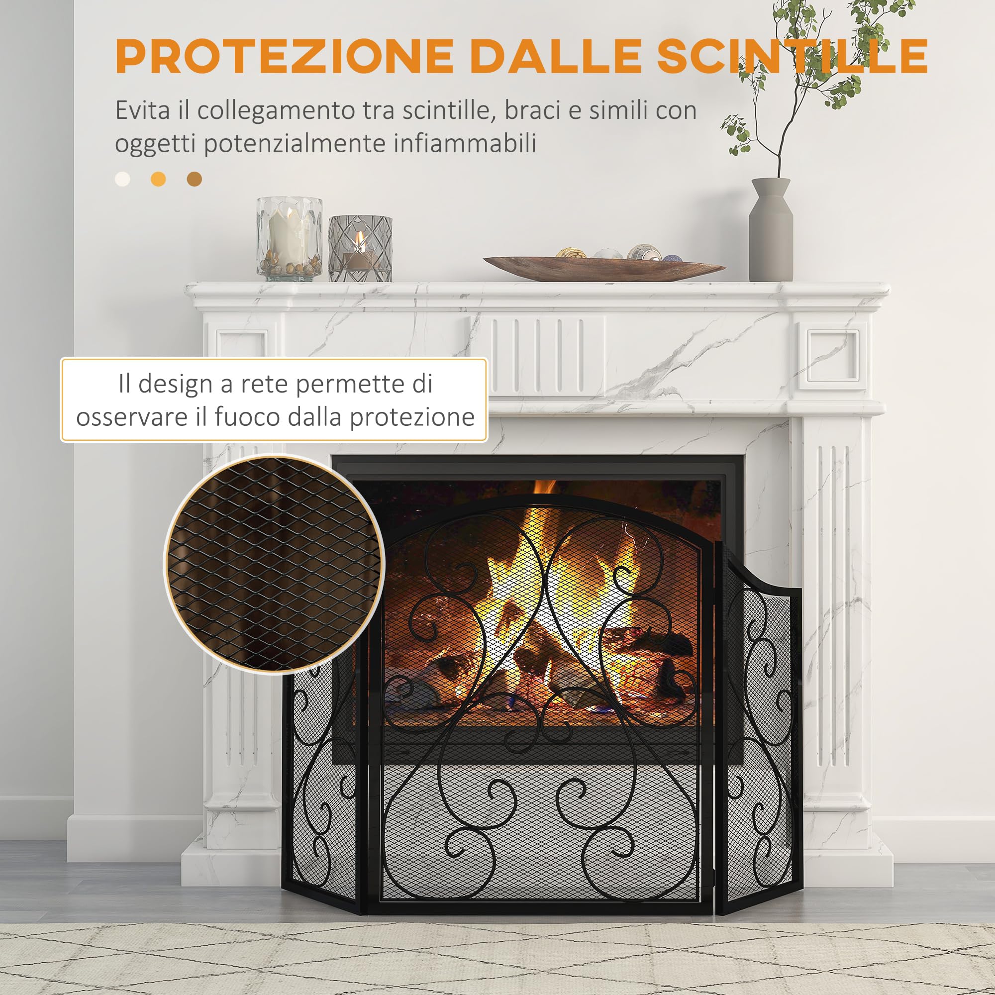 HOMCOM Parascintille Camino a 3 Pannelli in Metallo, 66x31x81 cm Nero