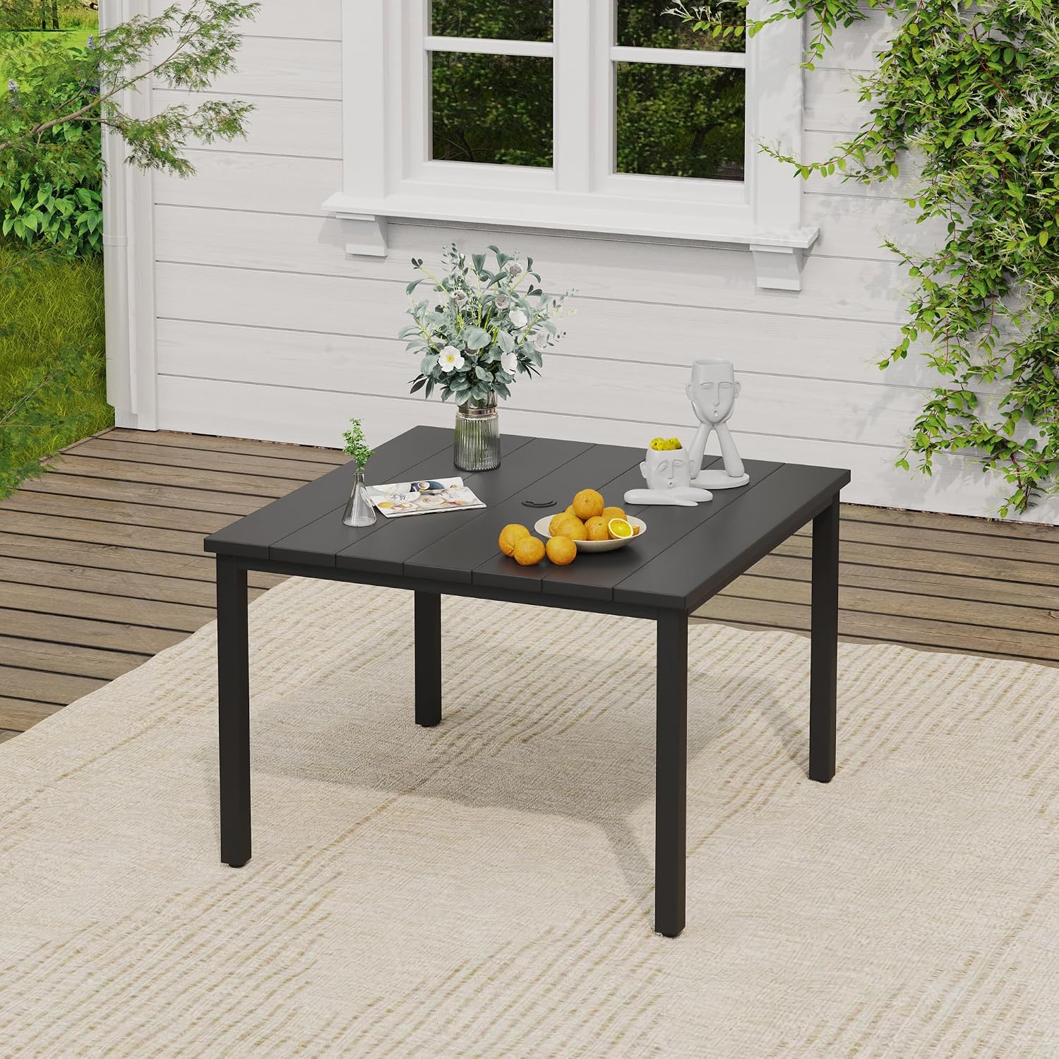 VICLLAX 5 Pieces Patio Dining Set, Patio Furniture Set of 4 Patio Stackable Dining Chairs and Outdoor Metal Square Table with Umbrella Hole for Backyard Lawn Garden, Blue Chairs and Black Table