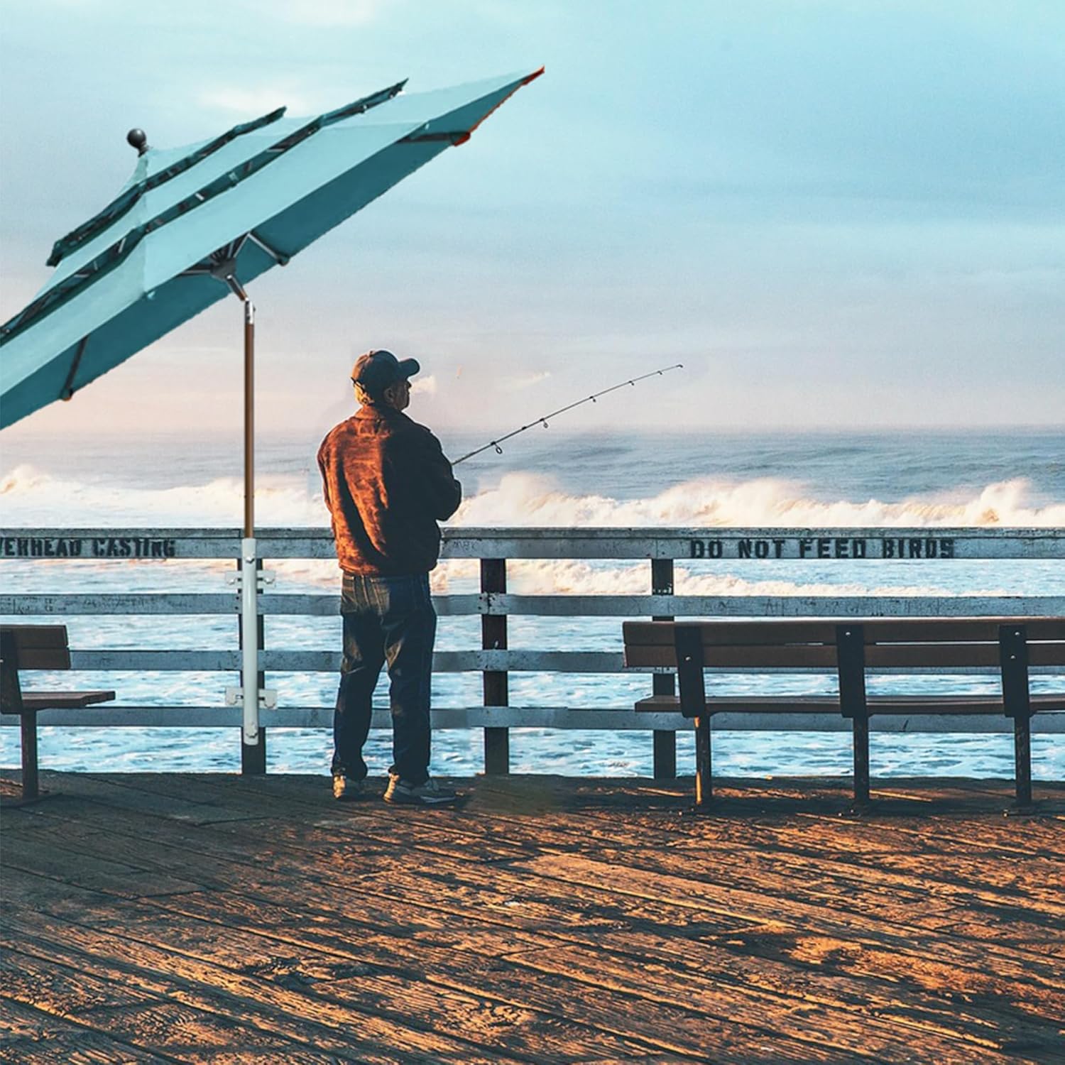 Patio Umbrella Holder, Heavy-Duty Metal Mount Stand for Deck - Sturdy Base for Railing-Mounted Clamps With Pole Maximizing Balcony Space and Shade