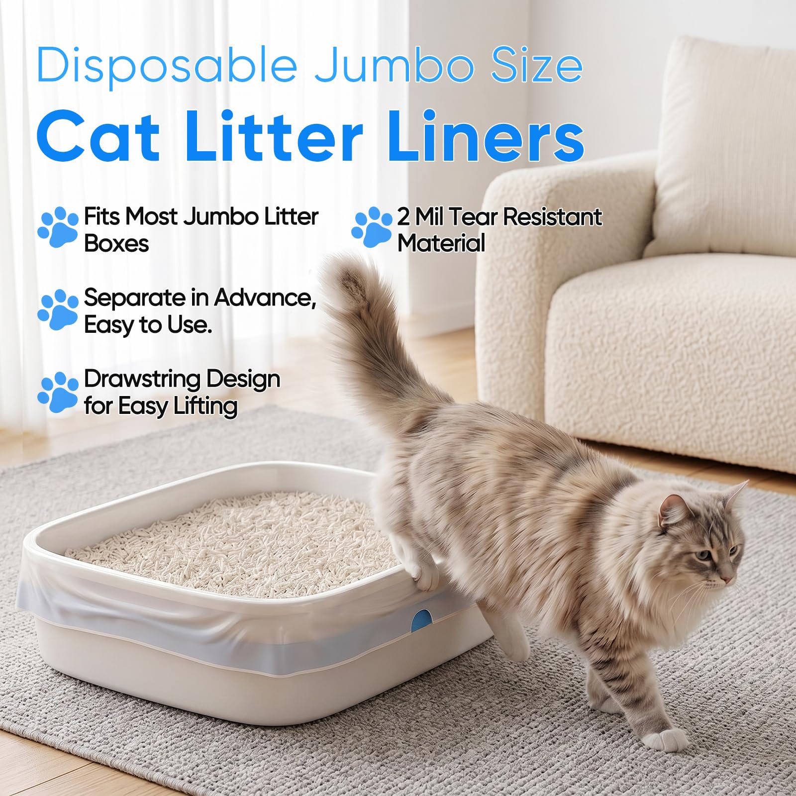Jumbo-Katzentoiletteneinlagen, 91,4 x 45,7 cm, 2 mm, vorgetrennte Katzentoilettenbeutel mit robustem Kordelzug, extra dick, auslaufsicher, für Katzentoiletten, 66 Stück