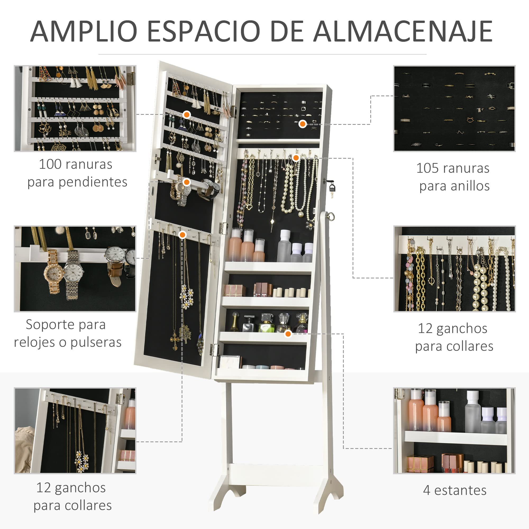 HOMCOM Espejo Joyero de Pie Armario de Joyería con 3 Ángulos Ajustables Cerradura Magnética Blanco y Forro Negro