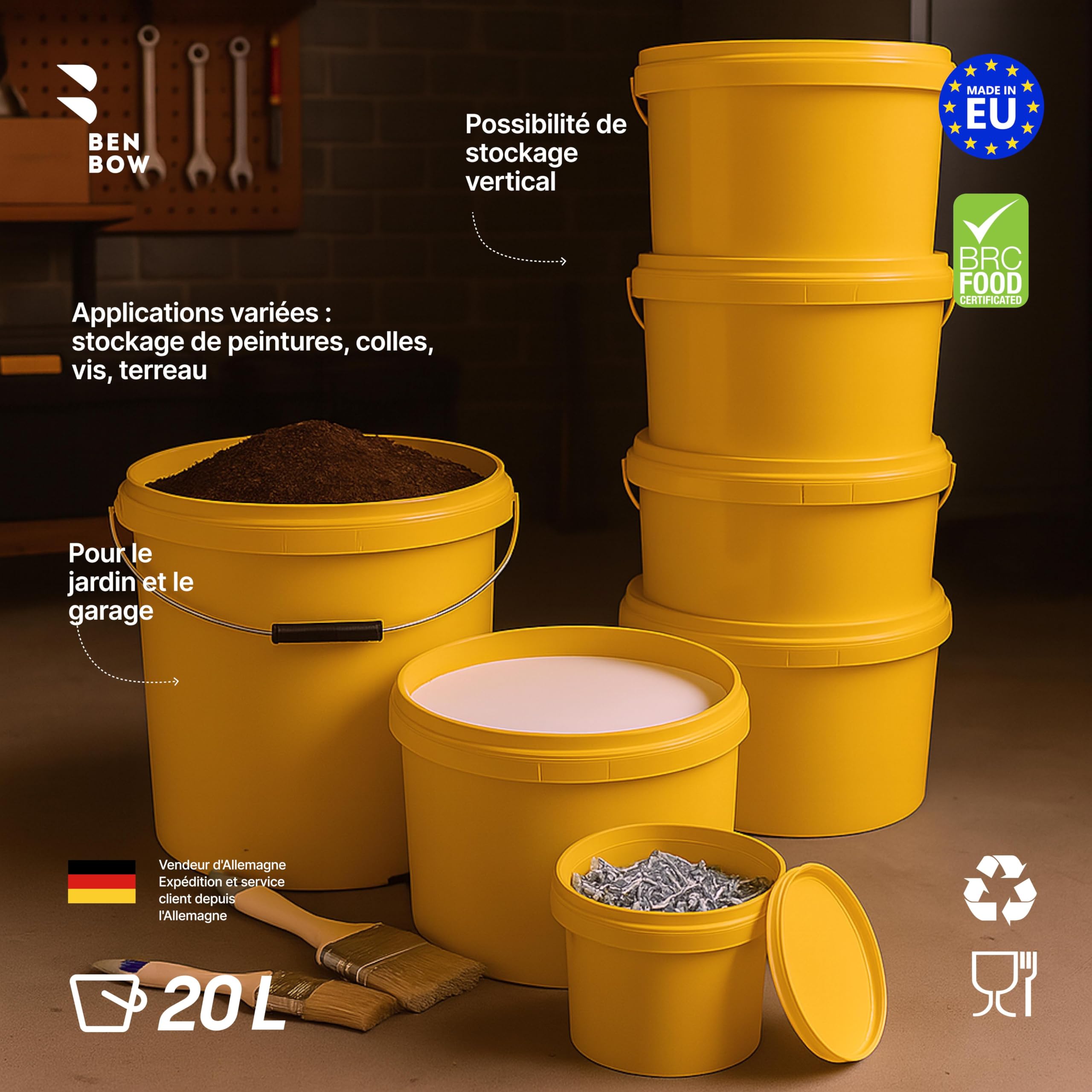 BenBow Seau avec Couvercle 20l Jaune 20x 20 Litre - Convient pour Aliments, atable, étanche à l'air, Anti-Fuite - récipient de Stockage pour Conservation en Plastique, avec Anse en métal - Vide