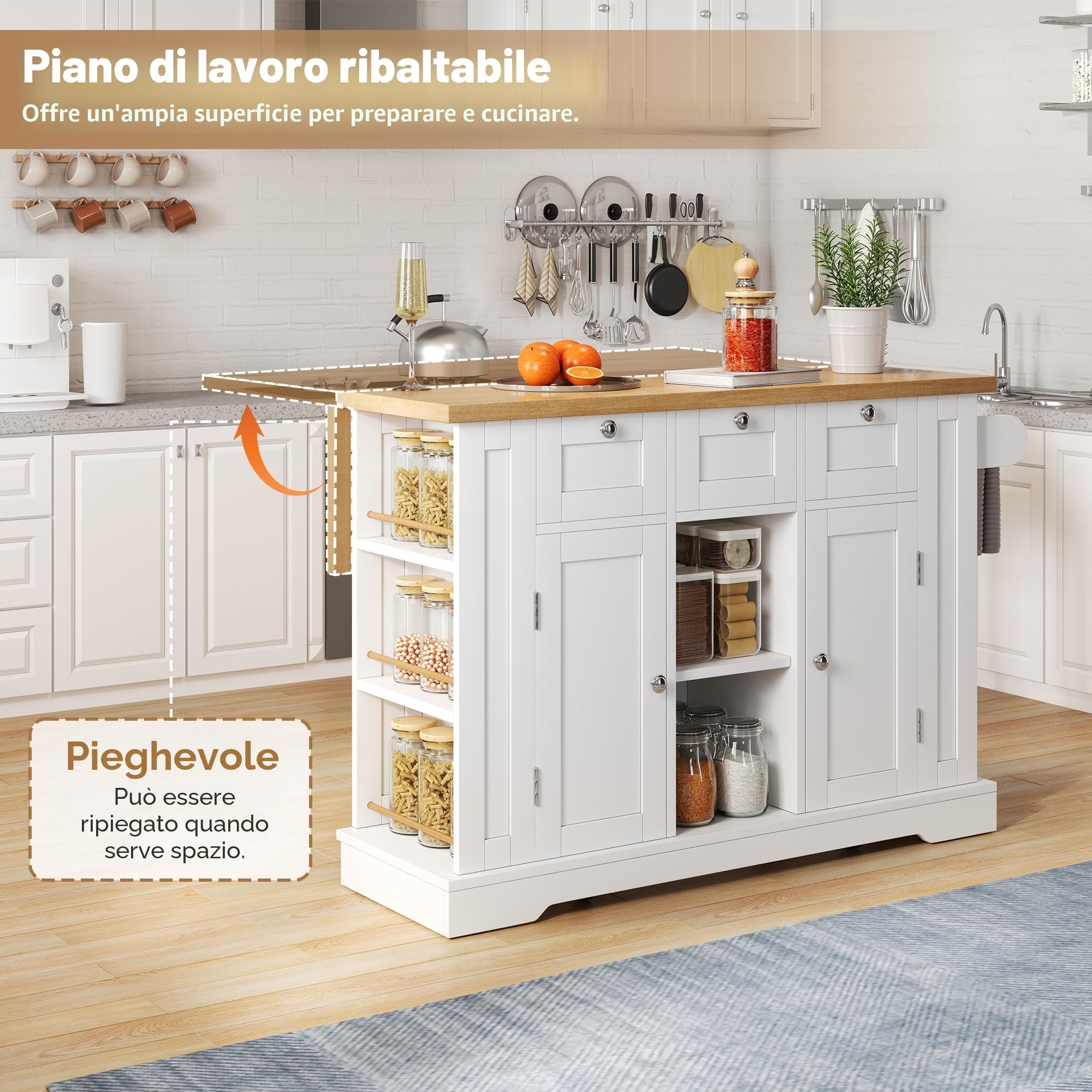 Isola da Cucina con Piano di Lavoro Ribaltabile, Armadio da Cucina su Ruote con Cassetto e Portaspezie, per Cucina e Sala da Pranzo, Portasciugamani, 120x40(70)x87 cm (Bianco)