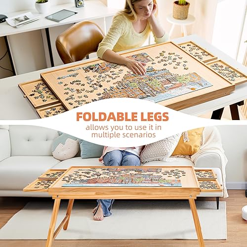 Miniatura 2 de Mesa de rompecabezas portátil plegable de 1500 piezas con 4 cajones, tablero de rompecabezas de madera de 34 x 26 pulgadas con patas y cubierta
