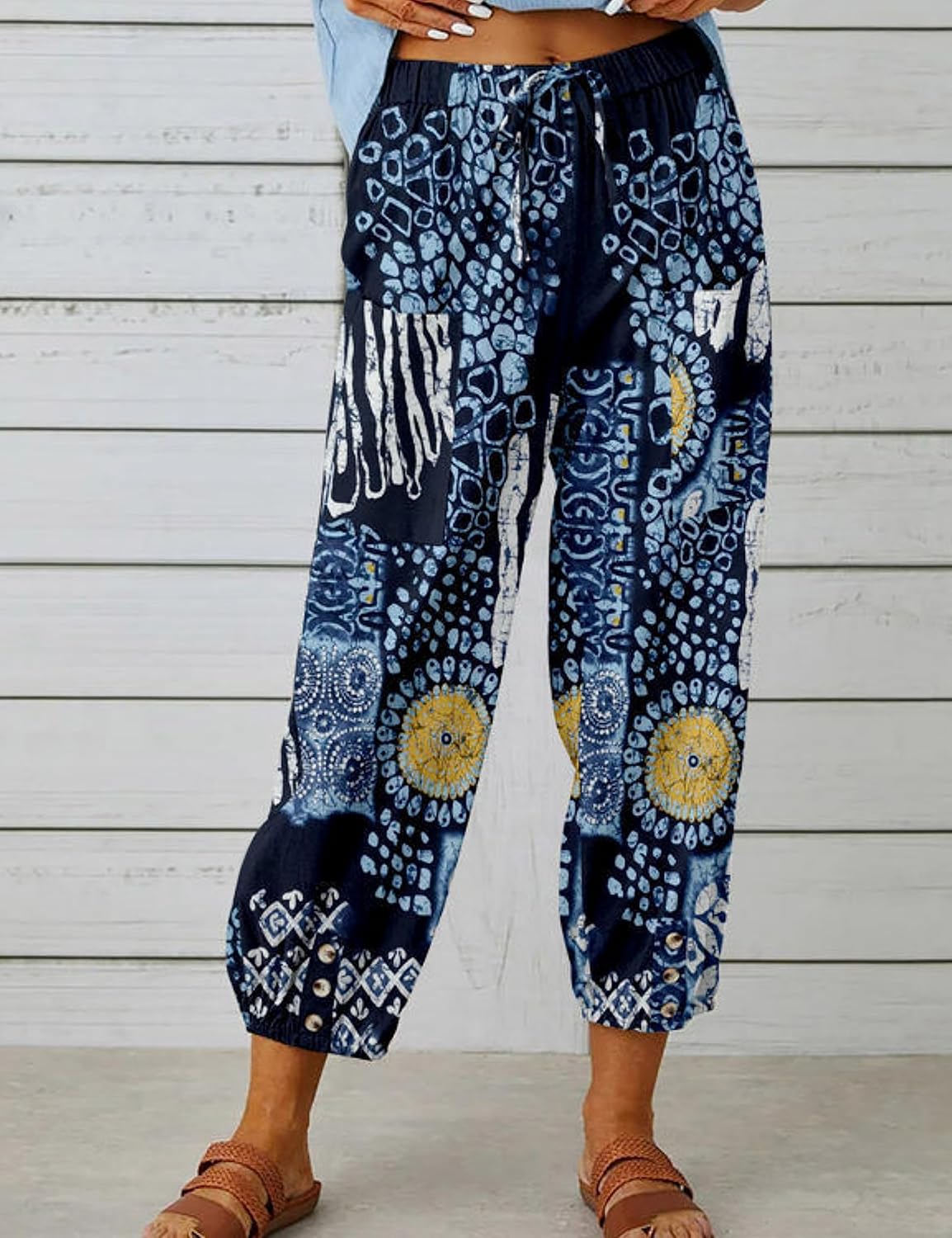 Women's Summer Loose Yoga Pants Wide Leg Elastic Waist Casual Capris Cropped Trousers with Pockets - Image 2