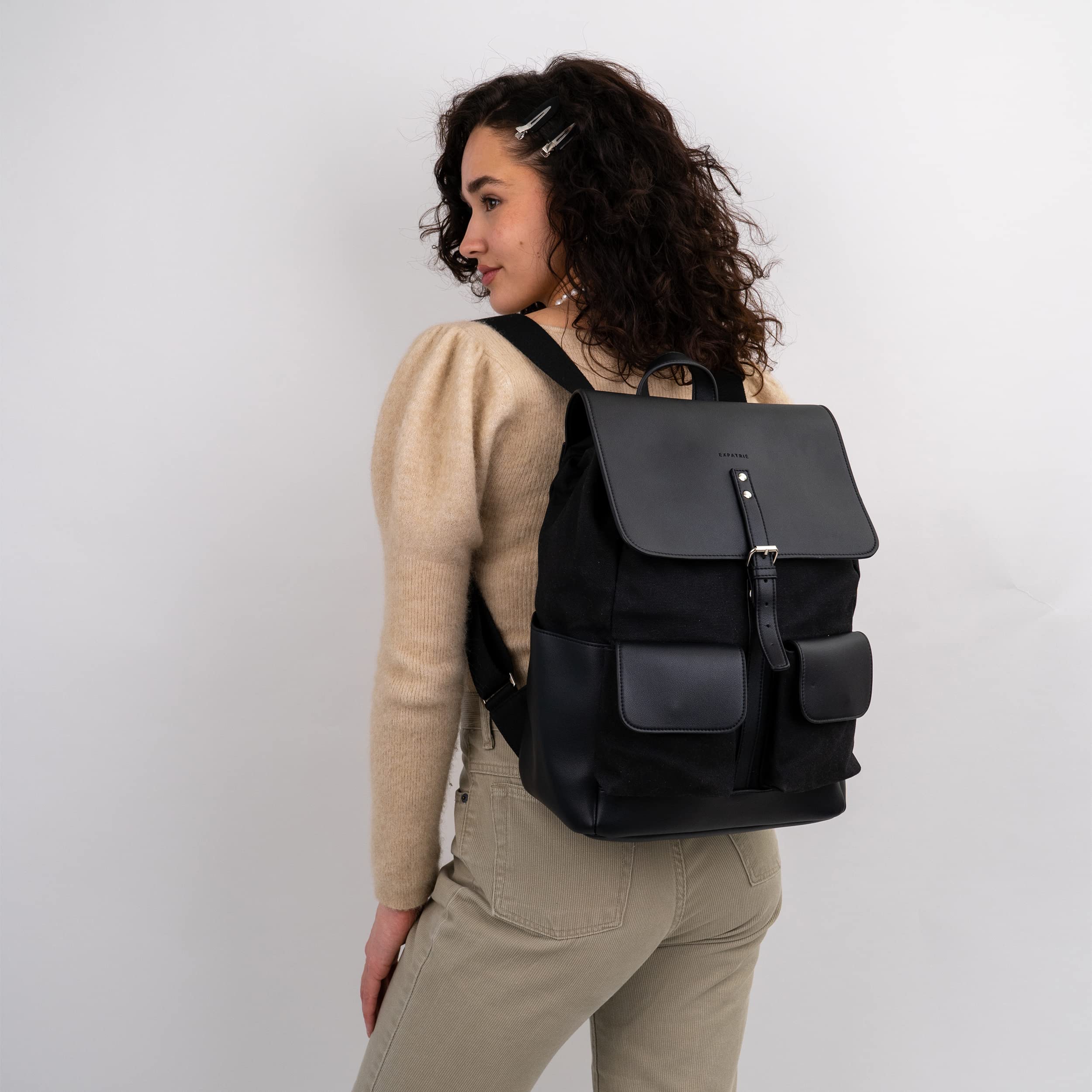 Expatrié Zaino da Donna Laurent Nero - in Tela di Cotone ed Ecopelle - Zainetto Elegante ideale per Ufficio, Sacca da 15l con Chiusura Magnetica