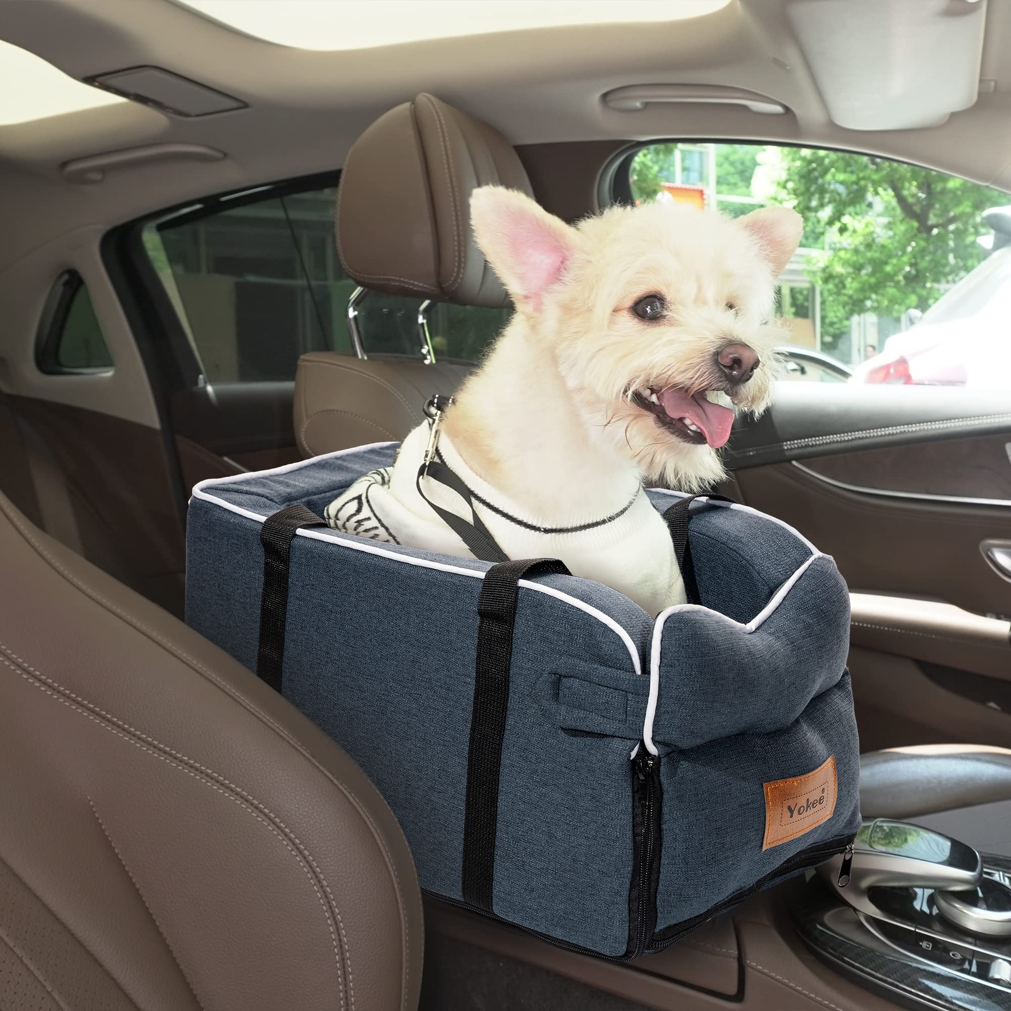 Yokee Dog Car Seat Dog Booster Car Seat Center Console Car Dog Seat Armrest Small Dog Car Travel Seat Safety Leash Washable and Durable Puppy Car Seat(Blue)