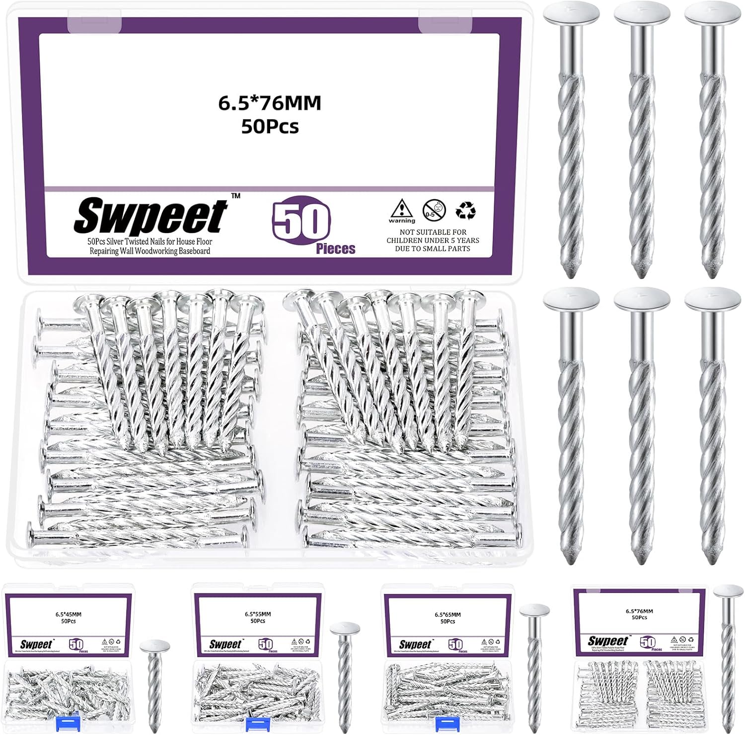 Swpeet 50Pcs 6.5 x 76mm Galvanized Thread Twist Nail Kit, Concrete Wall Nail 304 Stainless Steel Nail Cement Nail Galvanized Solid Nail Steel Nail for Woodworking