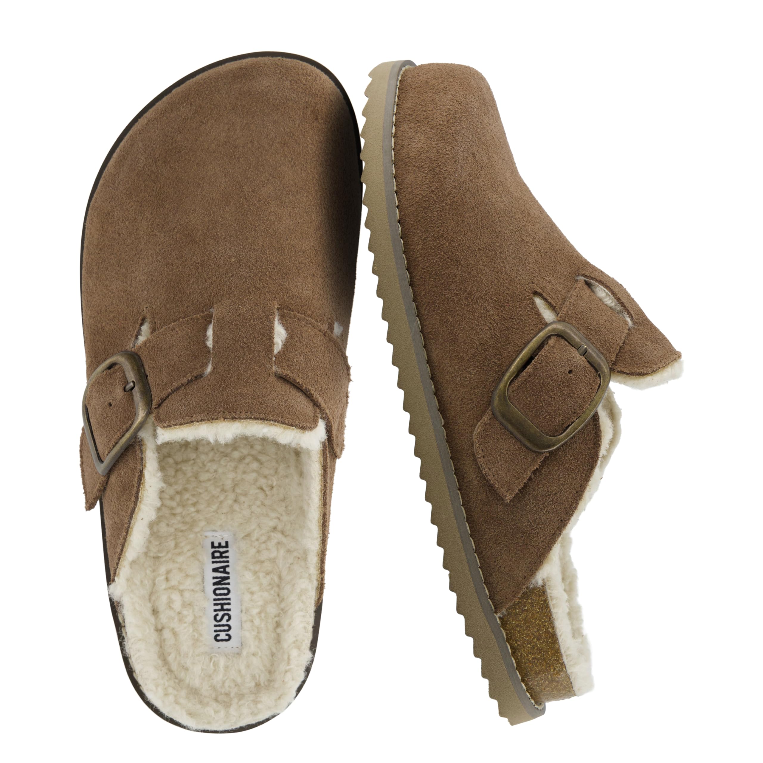CUSHIONAIRE Blain Fur Genuine Suede Clogs for Women, Cozy Slip-On Womens Slippers with Detailed Stitching and Memory Foam Comfort