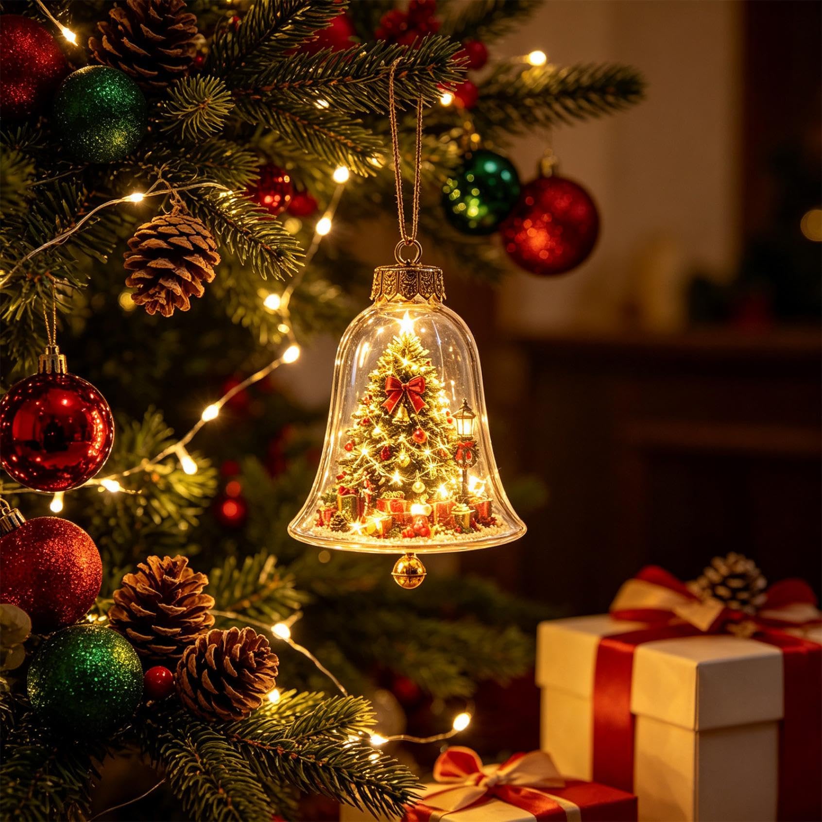 3D Glowing Christmas Story Ornament, Miniature Xmas Scene in Clear Acrylic Ball with Warm Led Light, Festive Keepsake Gift for Home Xmas Party Decoration (1, Tree-B)